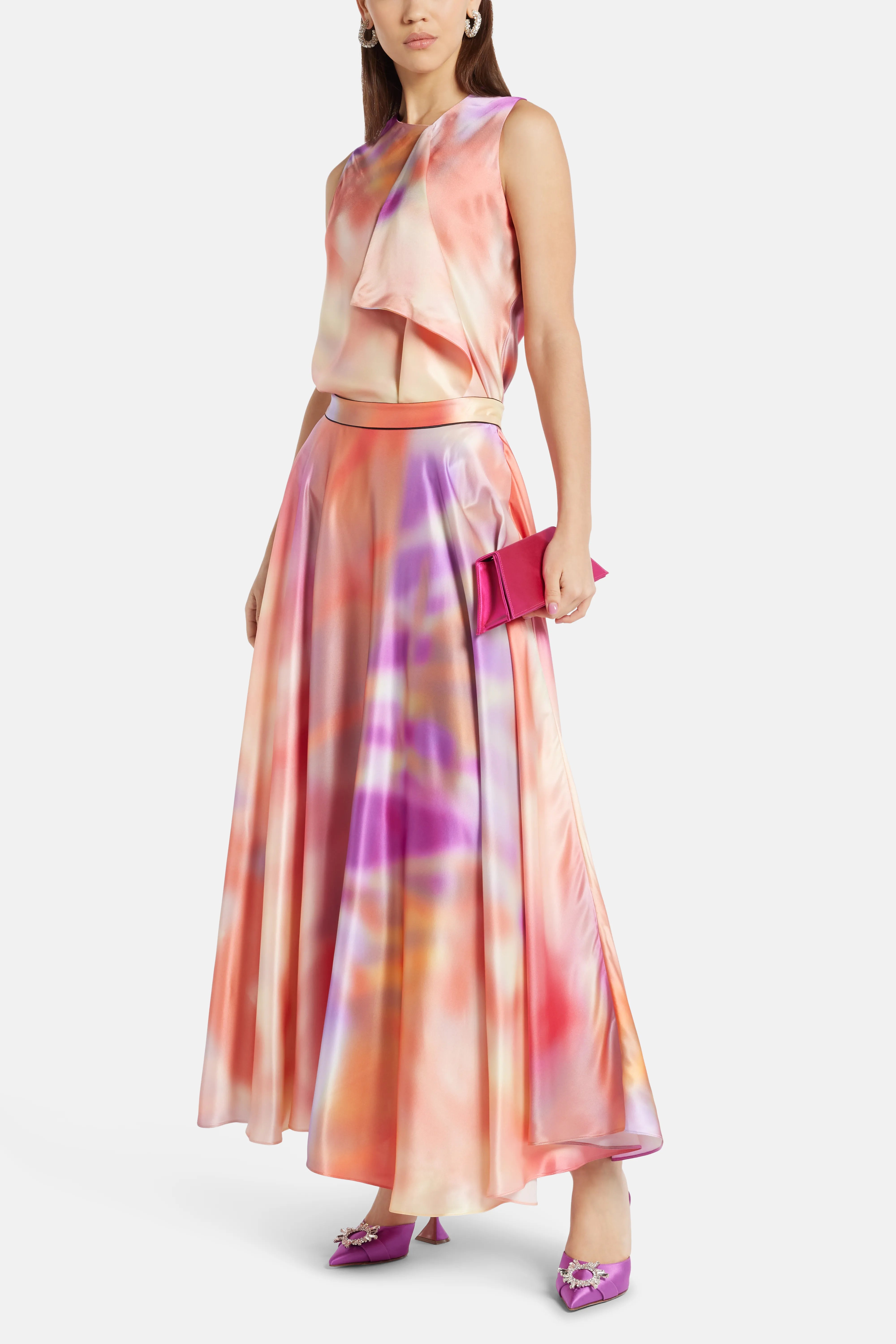 Ameera Printed Silk Blend Maxi Skirt in Orange/ Pink