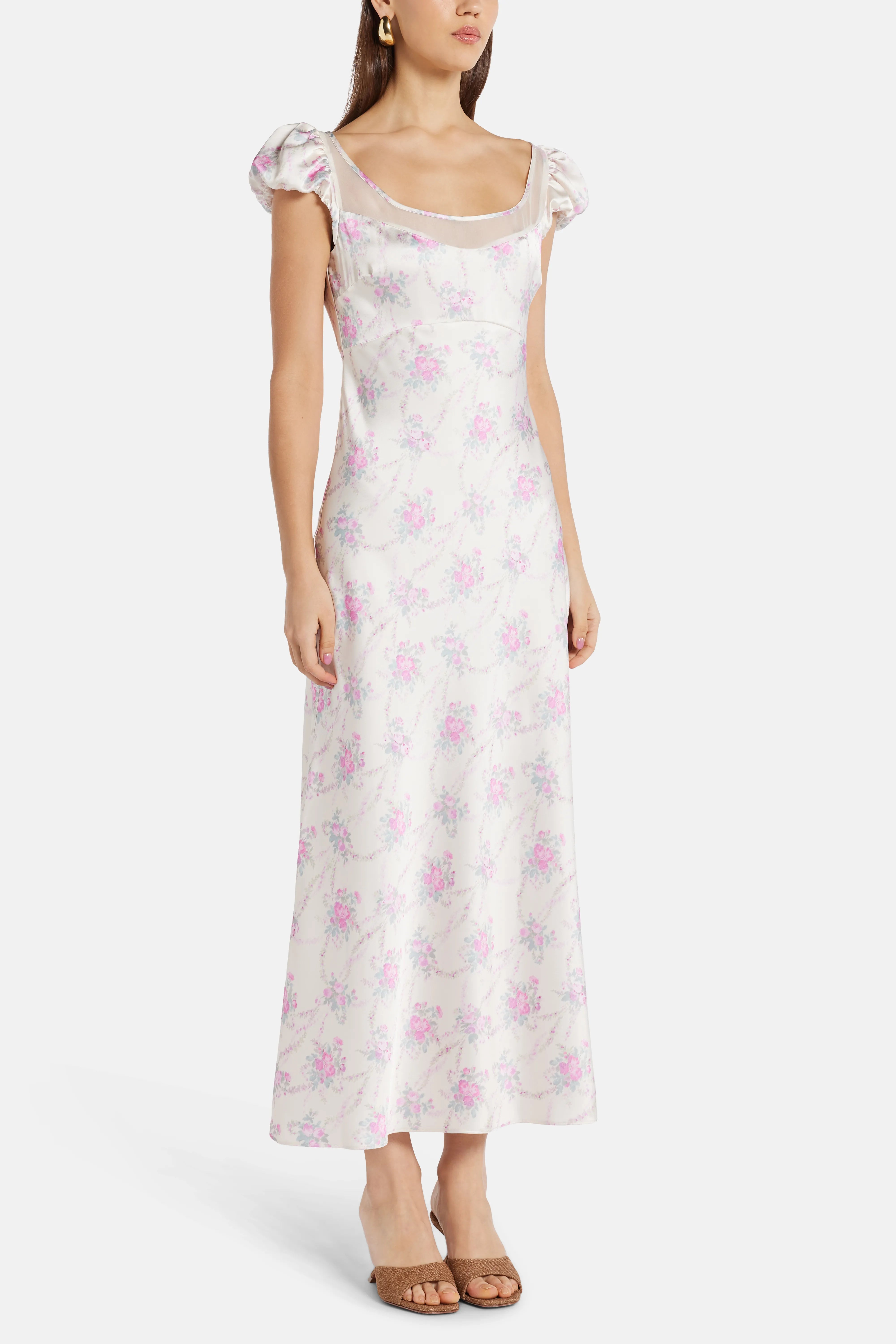 Rose Park Picnic Charmeuse Joelette Floral Maxi Dress in White/ Pink