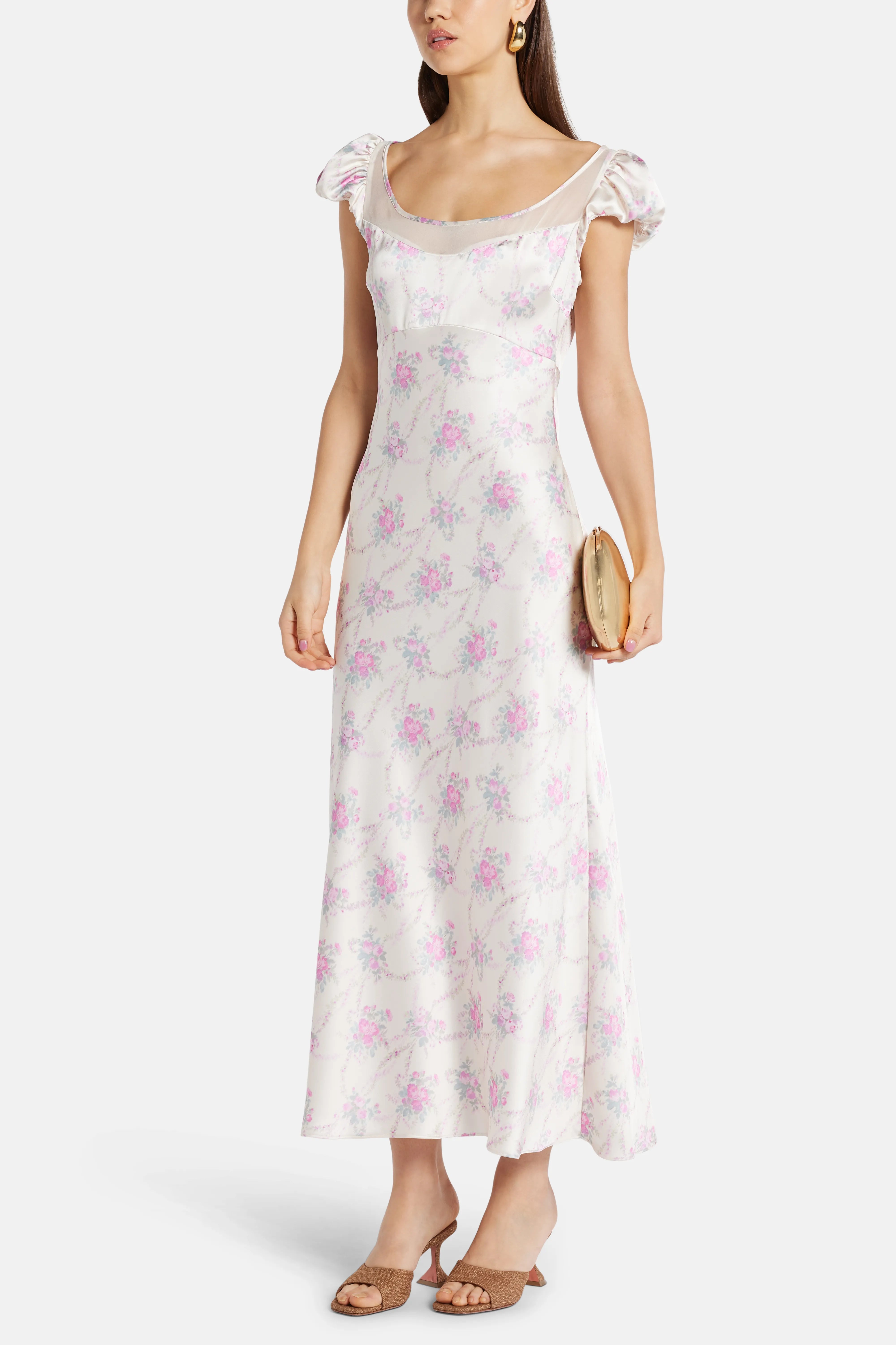 Rose Park Picnic Charmeuse Joelette Floral Maxi Dress in White/ Pink