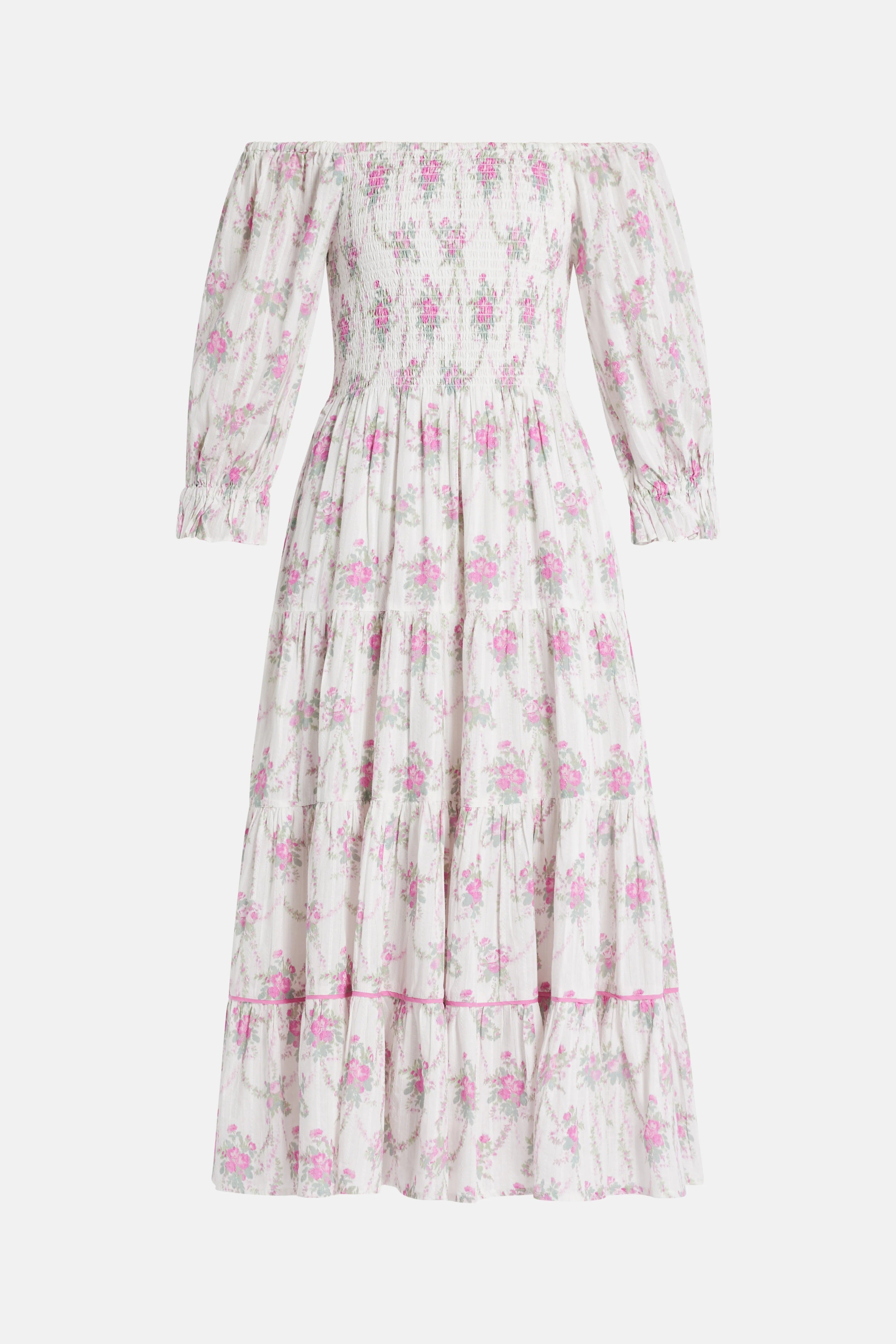 Viola Field Victorian Rigby Floral Cotton Midi Dress in White/ Pink