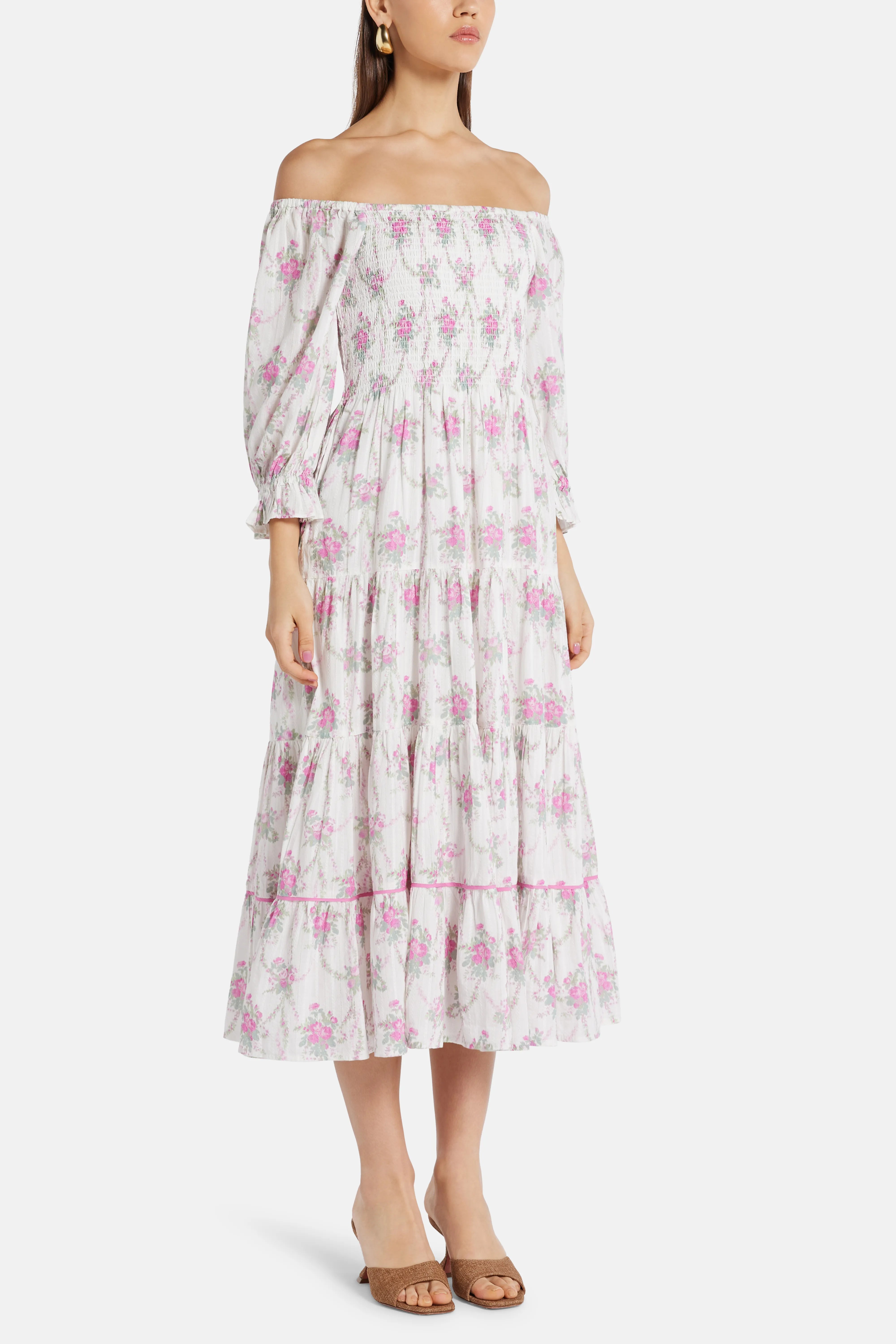 Viola Field Victorian Rigby Floral Cotton Midi Dress in White/ Pink