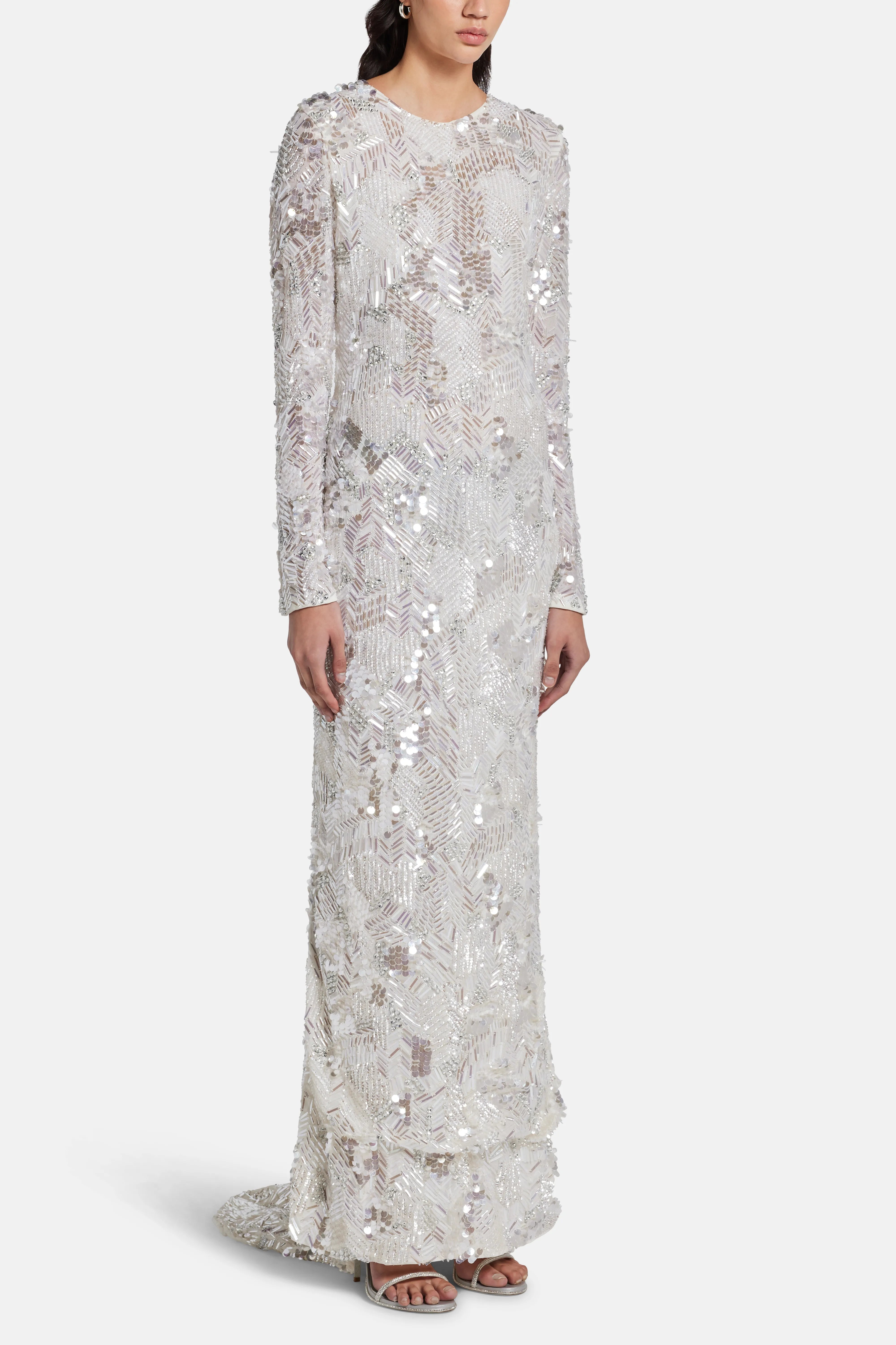 Darina Sequins Embellished Evening Gown in Silver