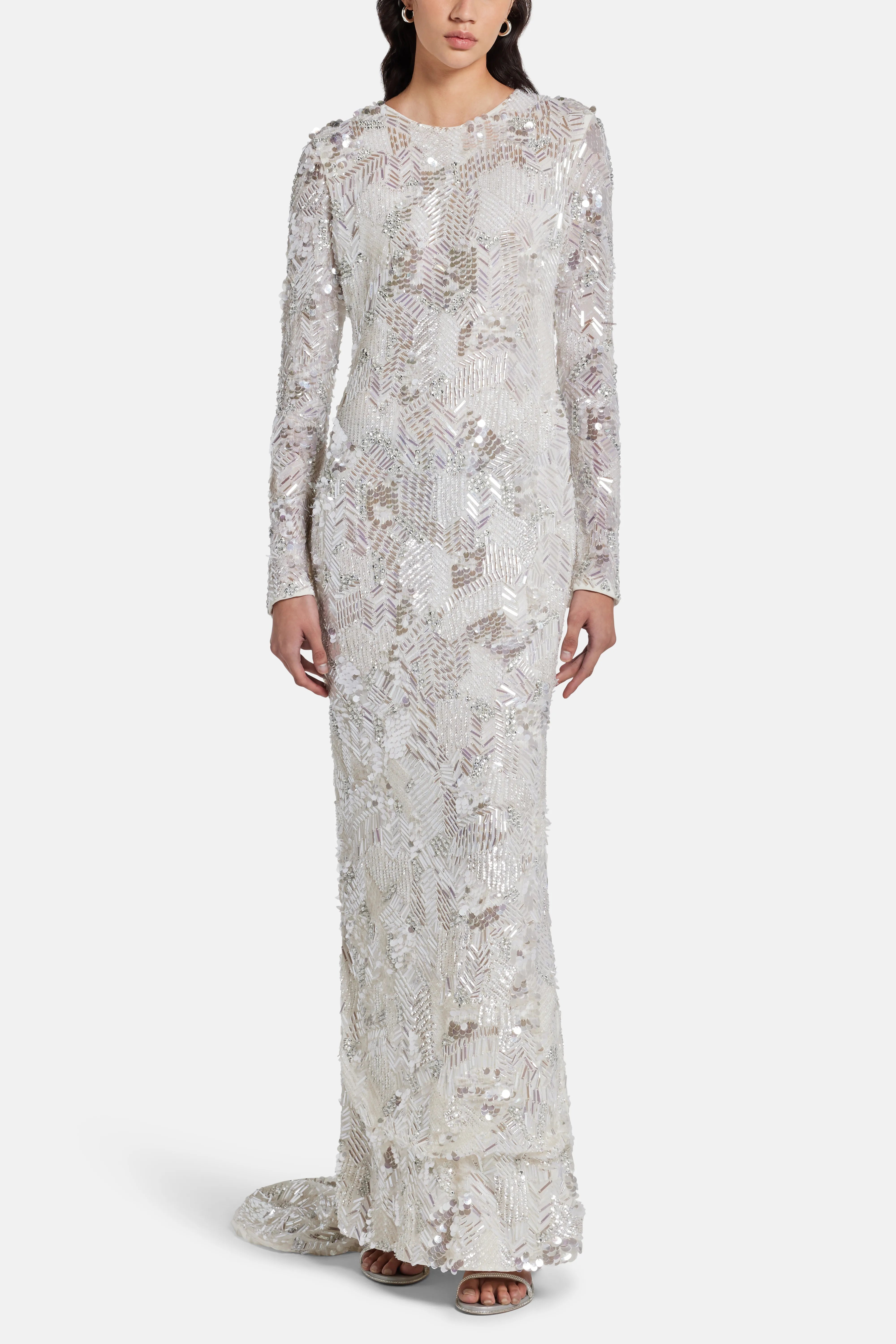 Darina Sequins Embellished Evening Gown in Silver