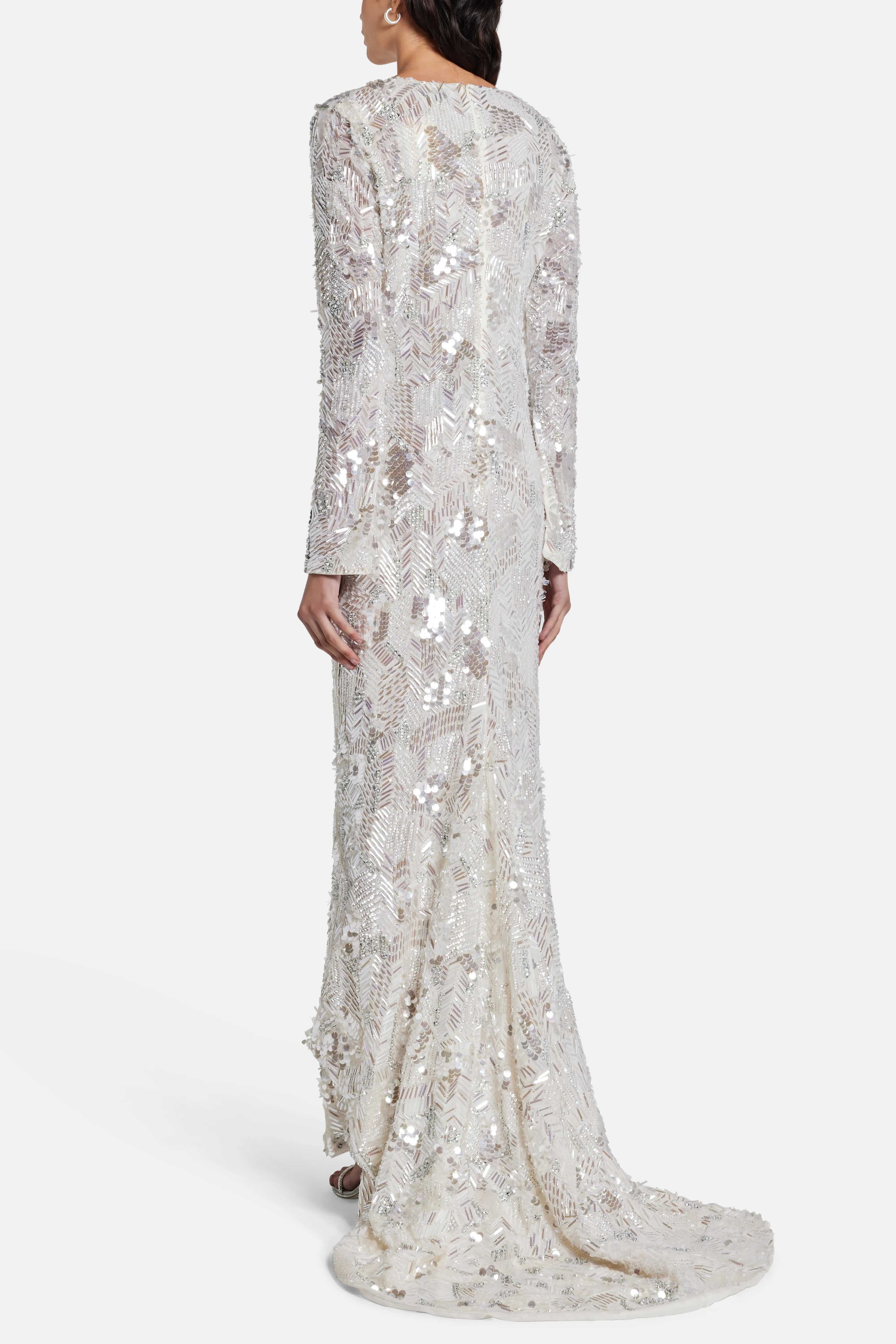 Darina Sequins Embellished Evening Gown in Silver