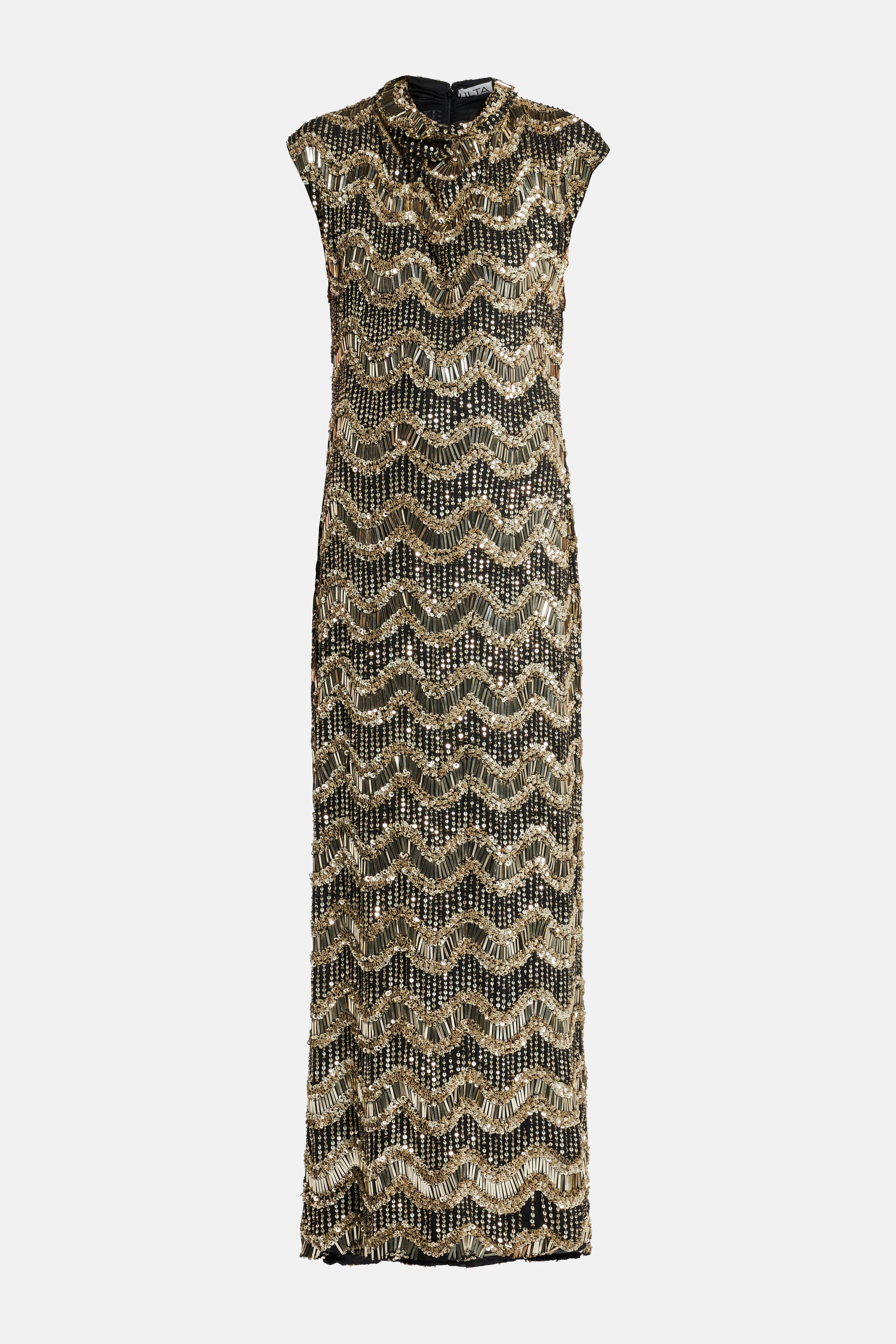 فستان سهرة مزين بأكمام قصيرة من أبولين باللون الأسود/ الذهبي