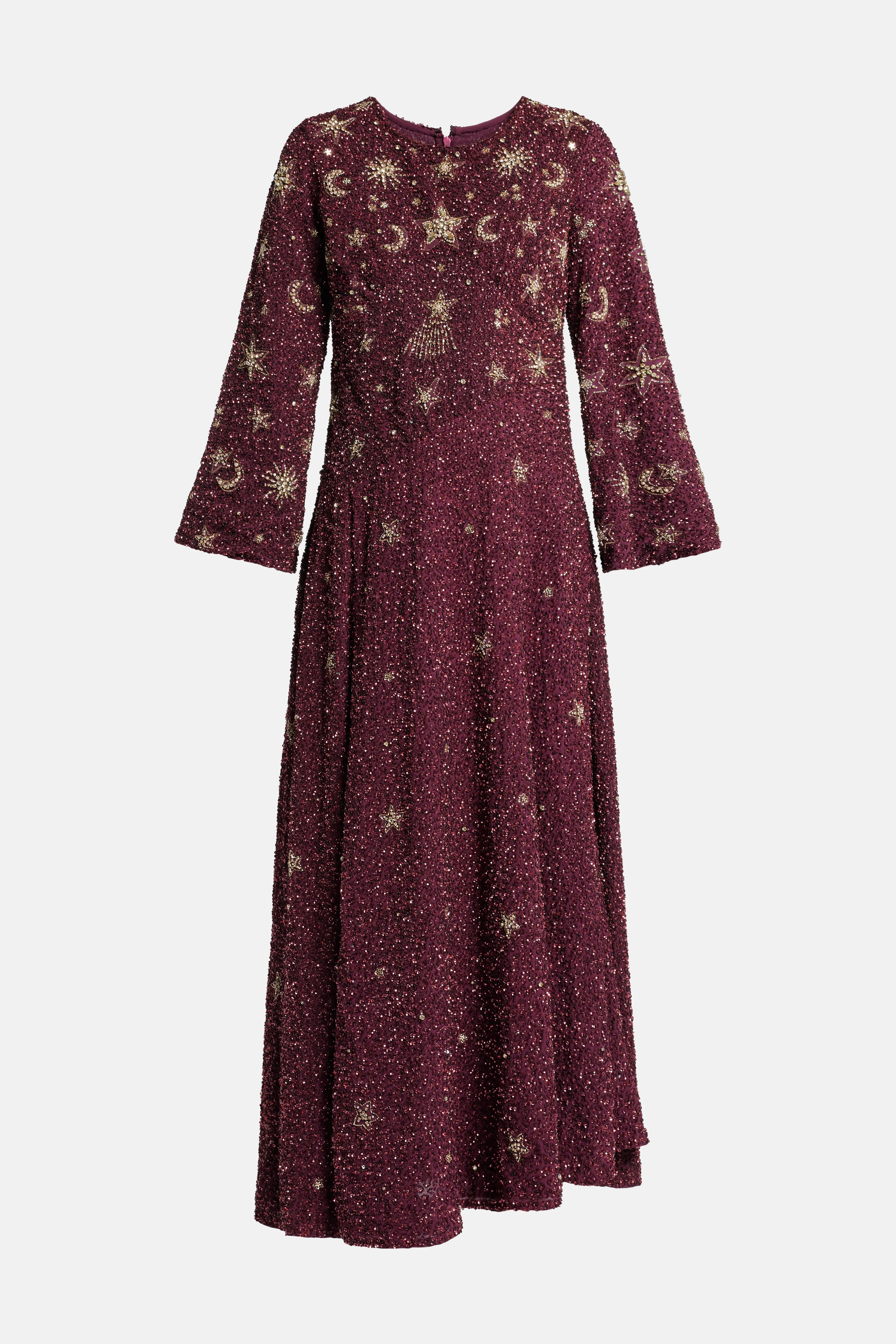 Jasmine Gold Stars Moon Embellished Evening Dress in Burgundy