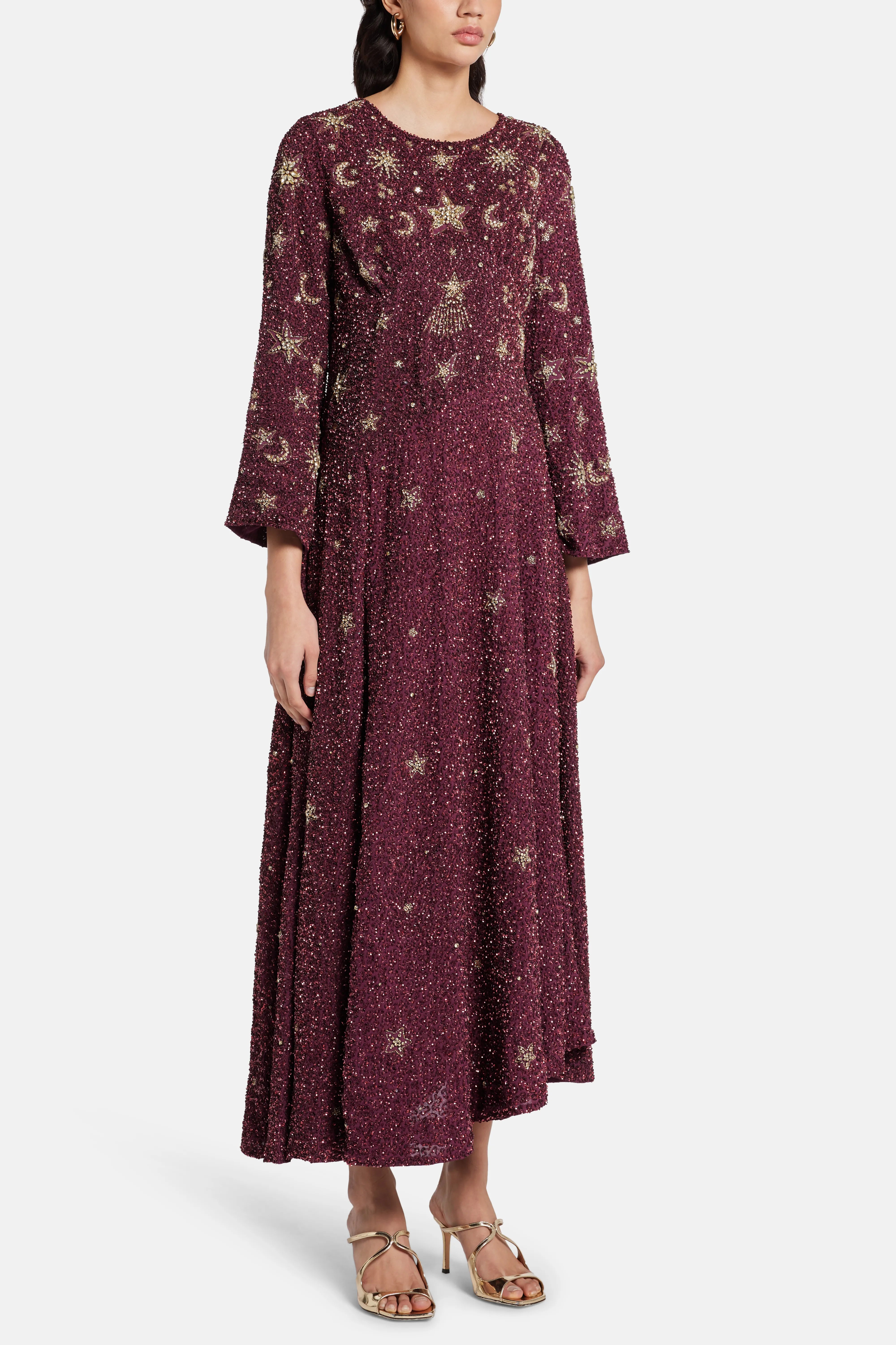 Jasmine Gold Stars Moon Embellished Evening Dress in Burgundy