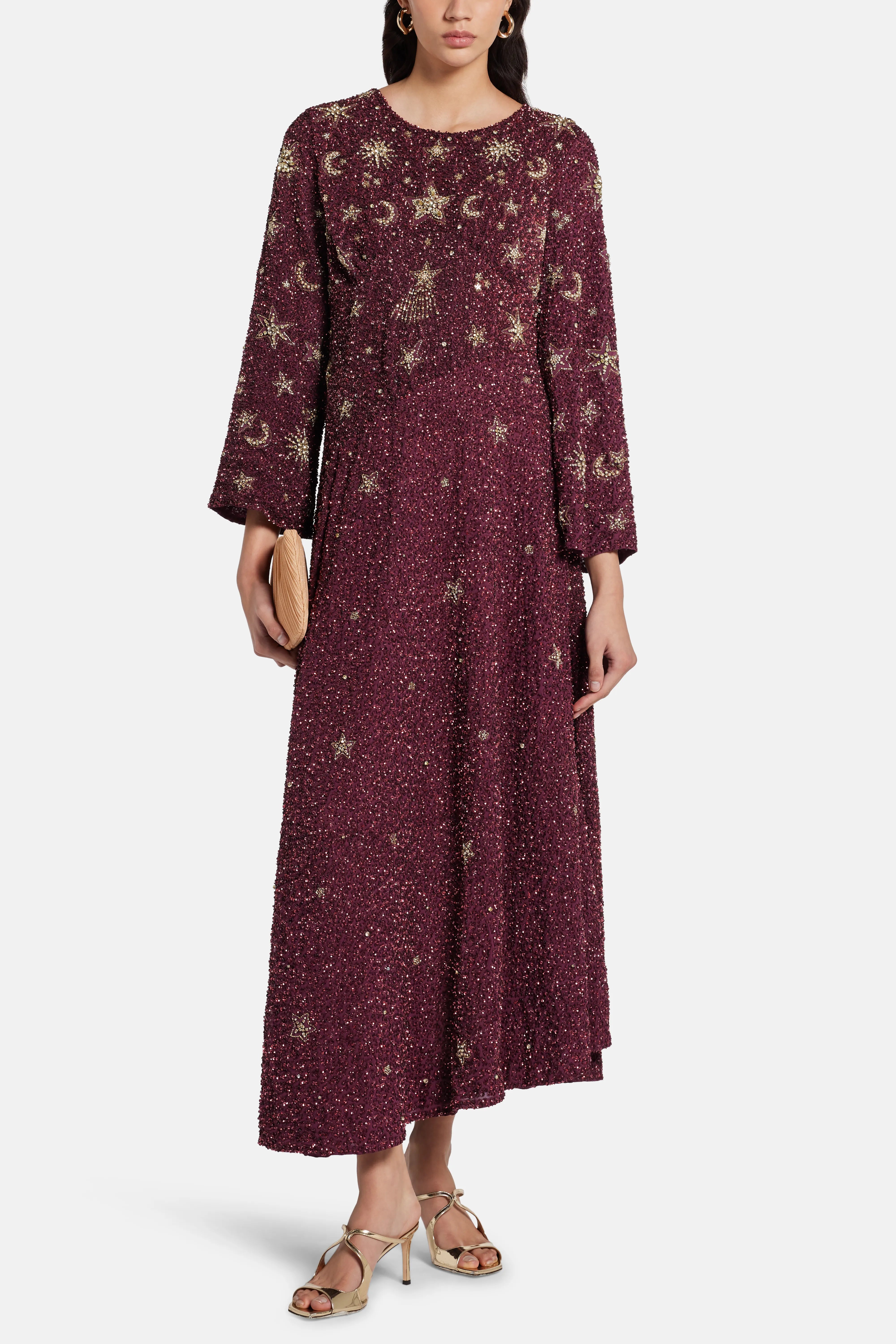 Jasmine Gold Stars Moon Embellished Evening Dress in Burgundy