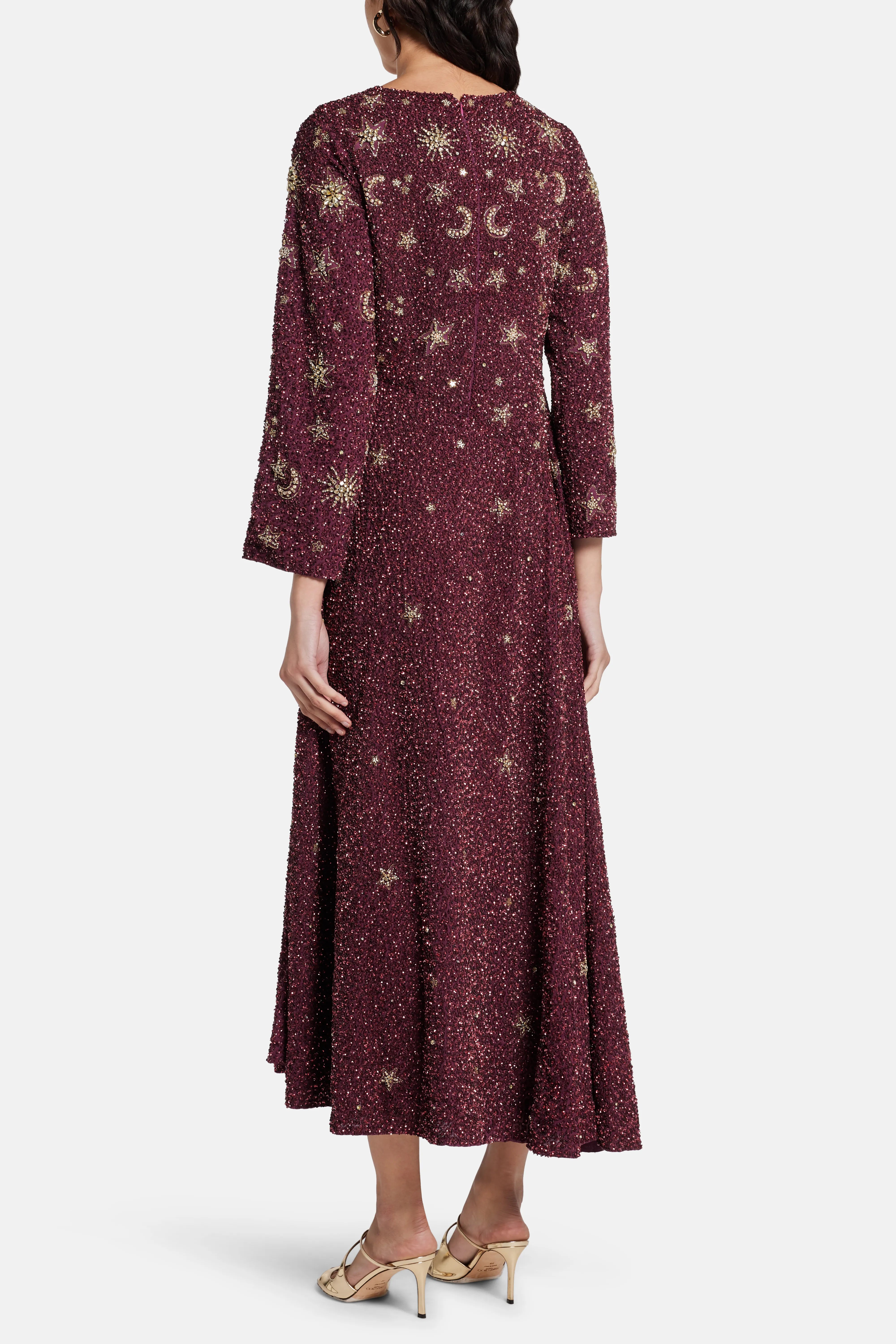 Jasmine Gold Stars Moon Embellished Evening Dress in Burgundy