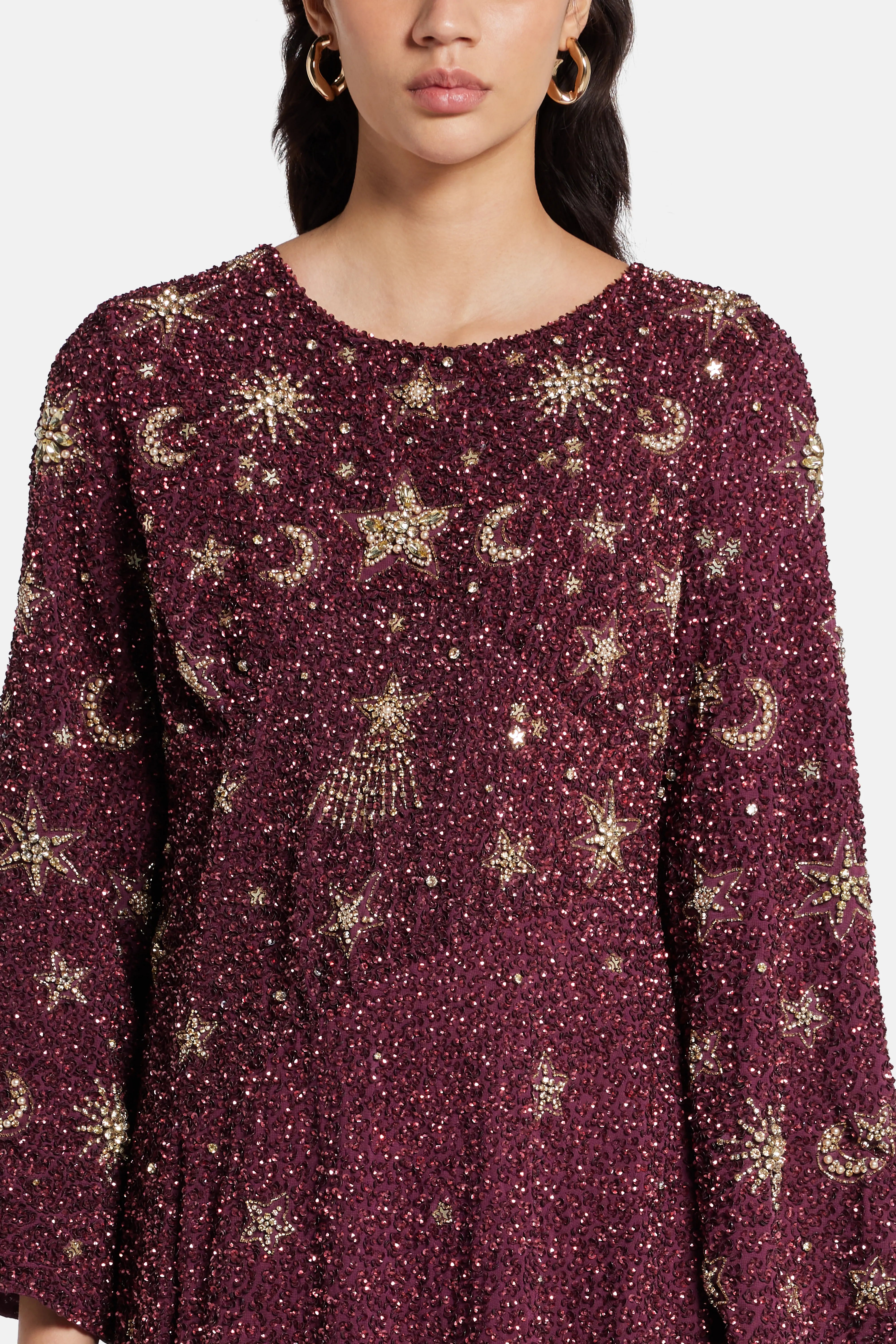 Jasmine Gold Stars Moon Embellished Evening Dress in Burgundy
