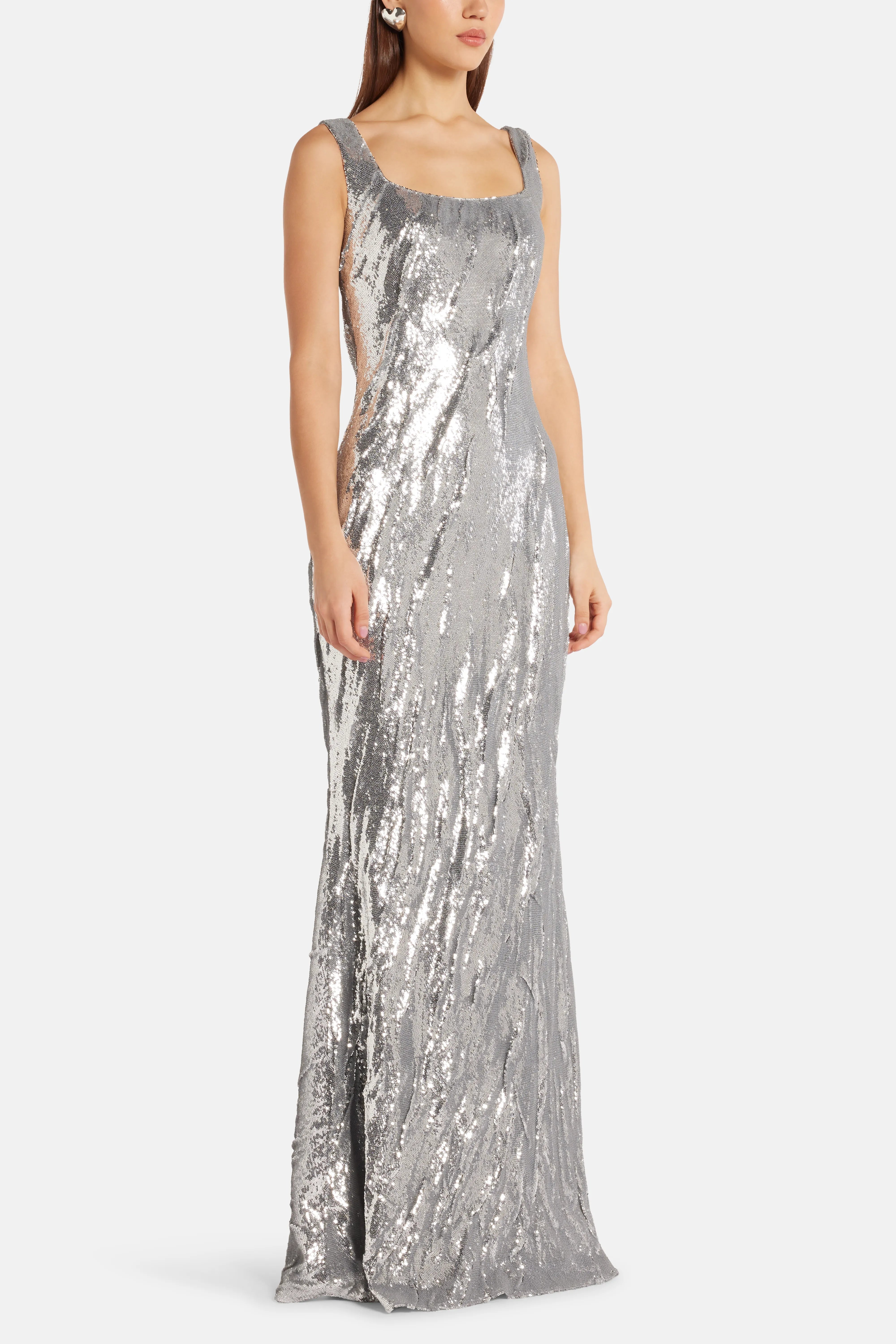 Full Payette Hand Manipulated Sleeveless Evening Gown in Silver
