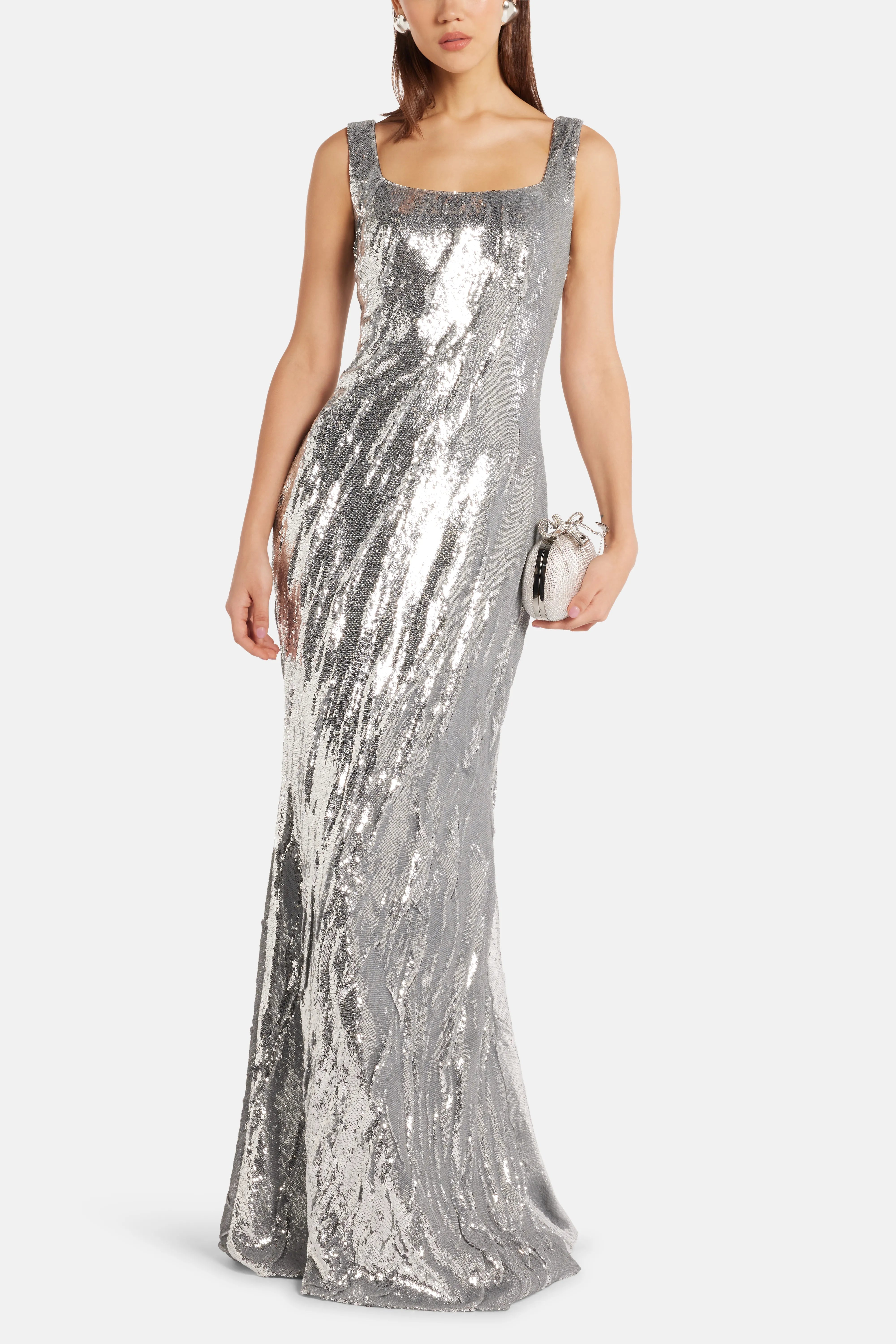 Full Payette Hand Manipulated Sleeveless Evening Gown in Silver