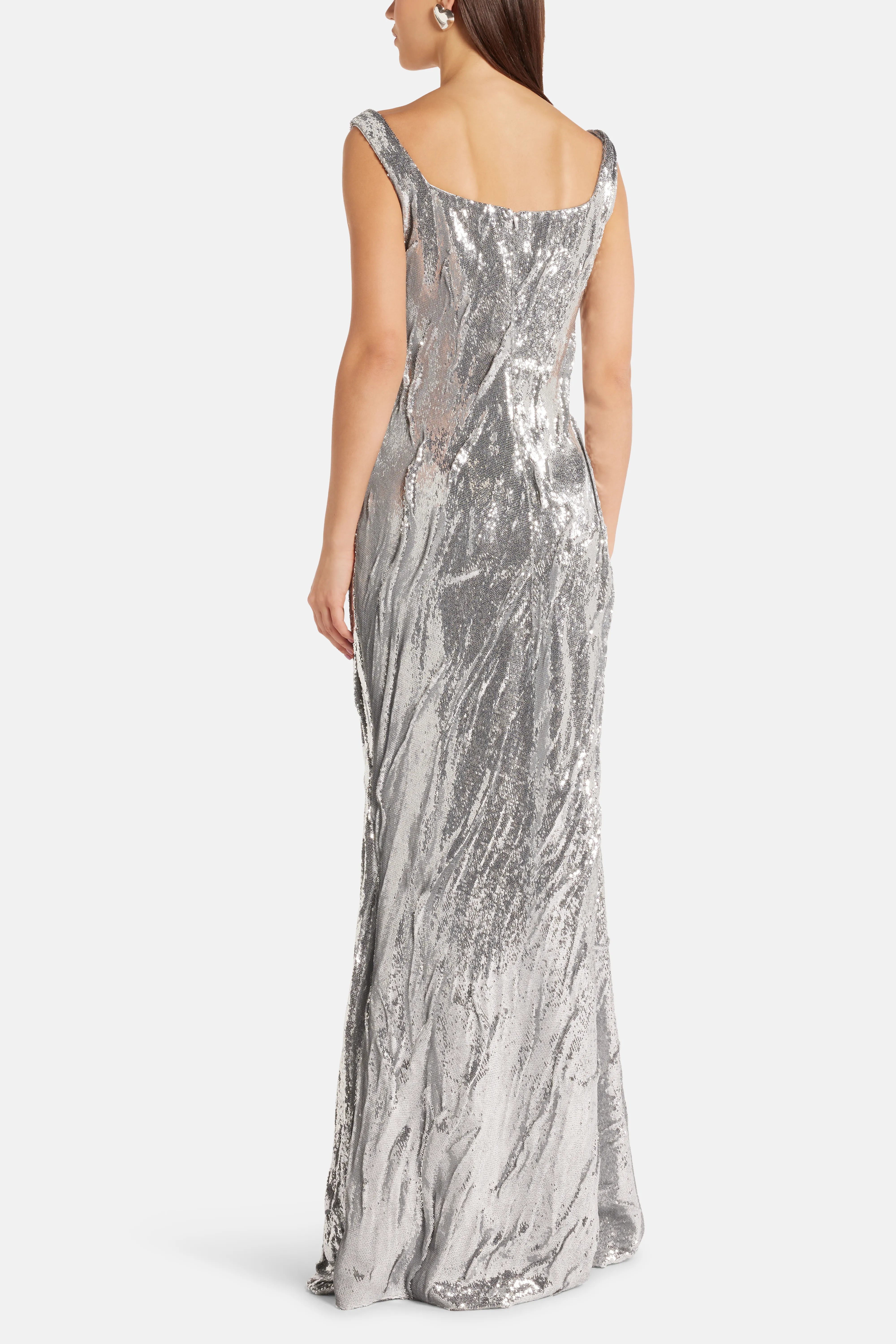Full Payette Hand Manipulated Sleeveless Evening Gown in Silver