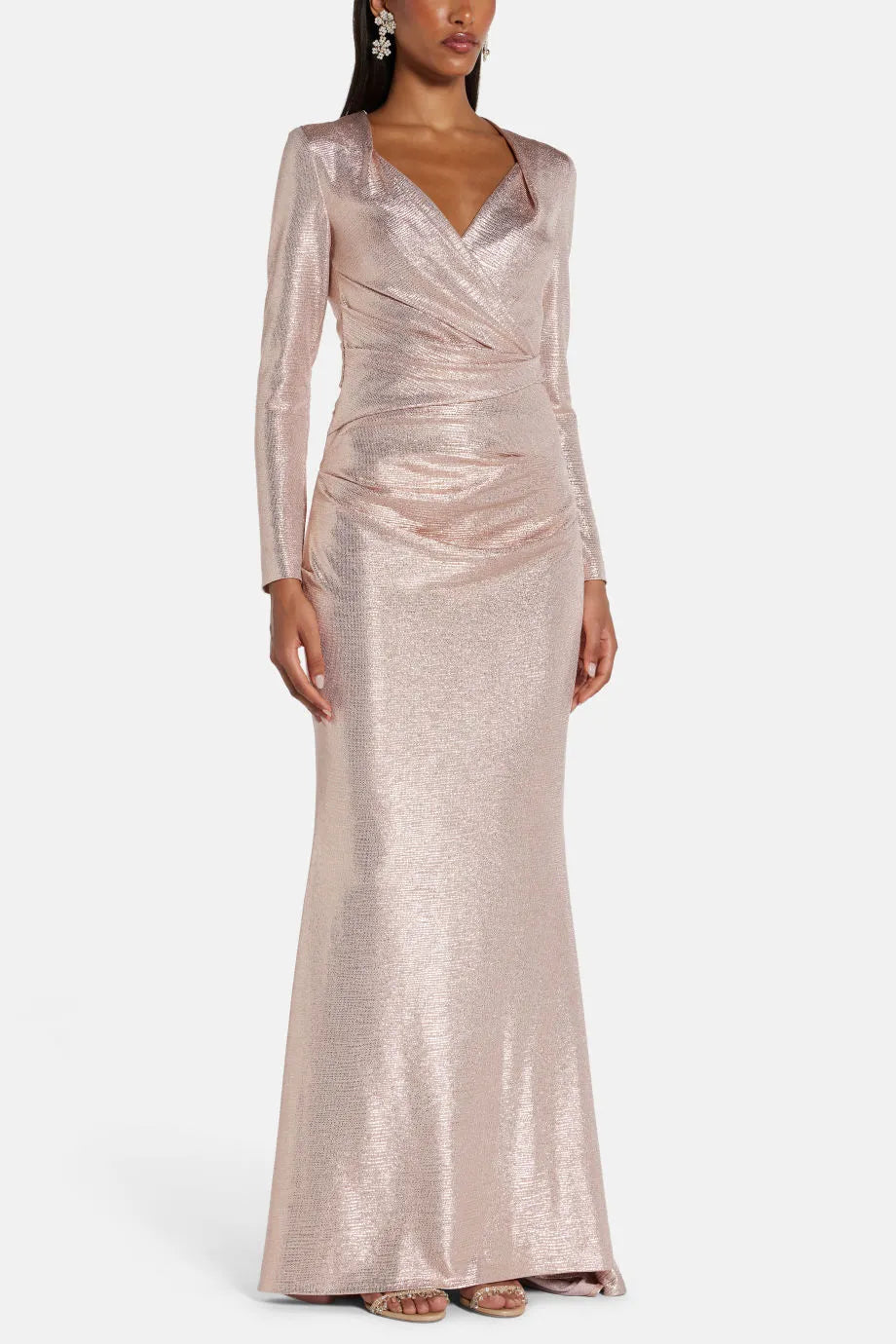 Shimmer V Neck Evening Gown in Pink