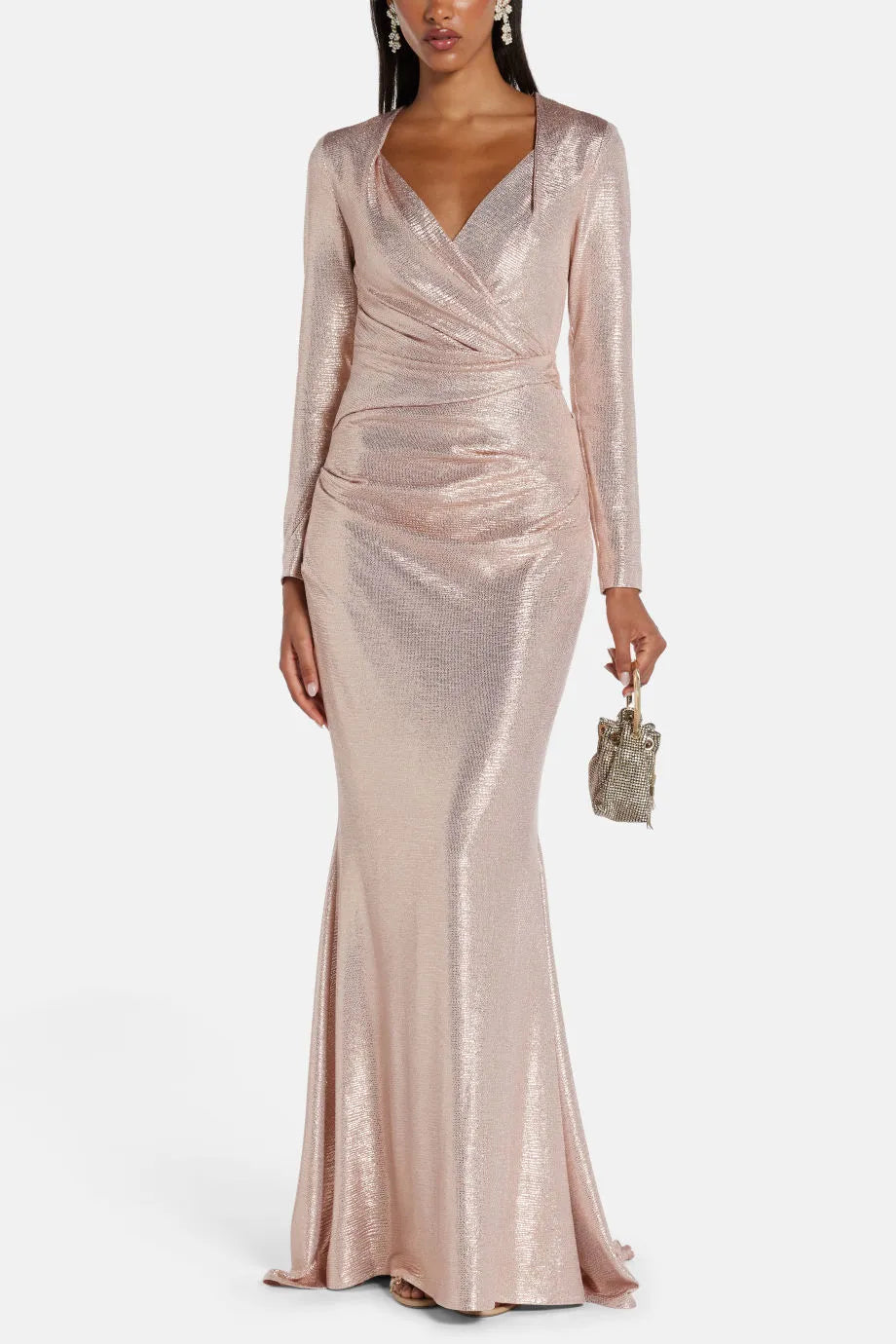 Shimmer V Neck Evening Gown in Pink