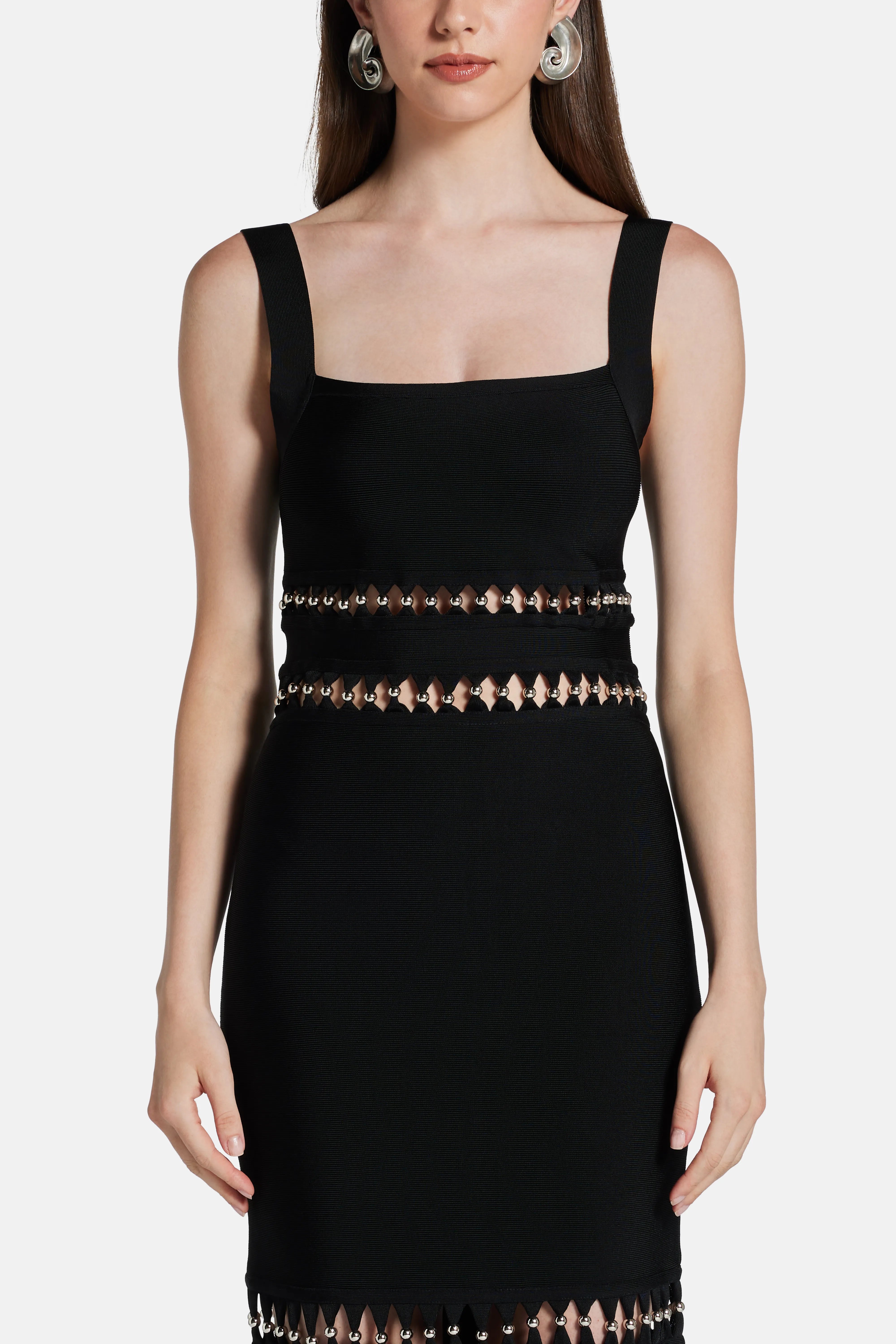 Ines Sleeveless Bandage Knit Maxi Dress With Fringes in Black