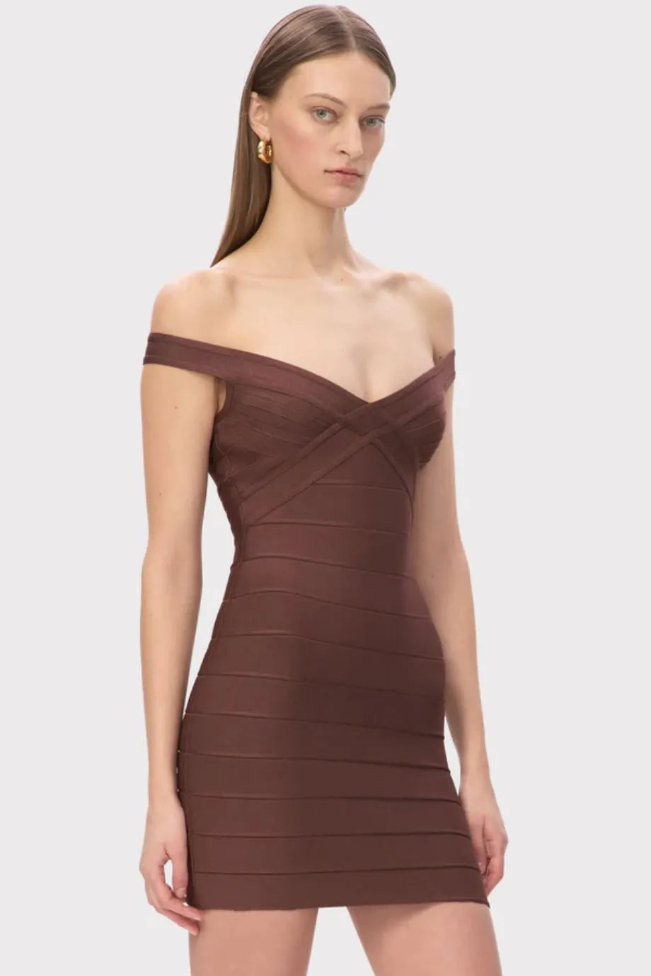 Rachel Off Shoulder Bandage Knit Mini Dress in Brown