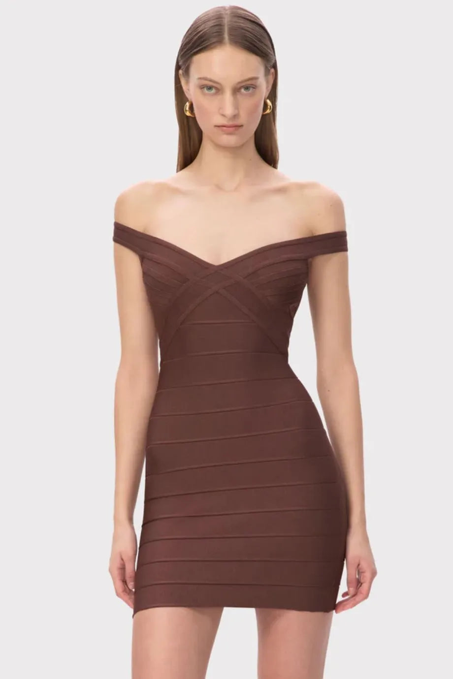 Rachel Off Shoulder Bandage Knit Mini Dress in Brown