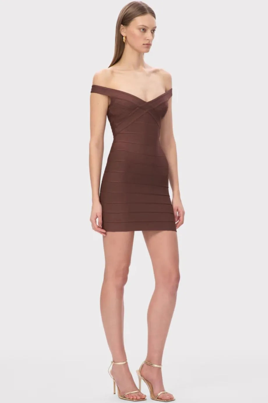 Rachel Off Shoulder Bandage Knit Mini Dress in Brown