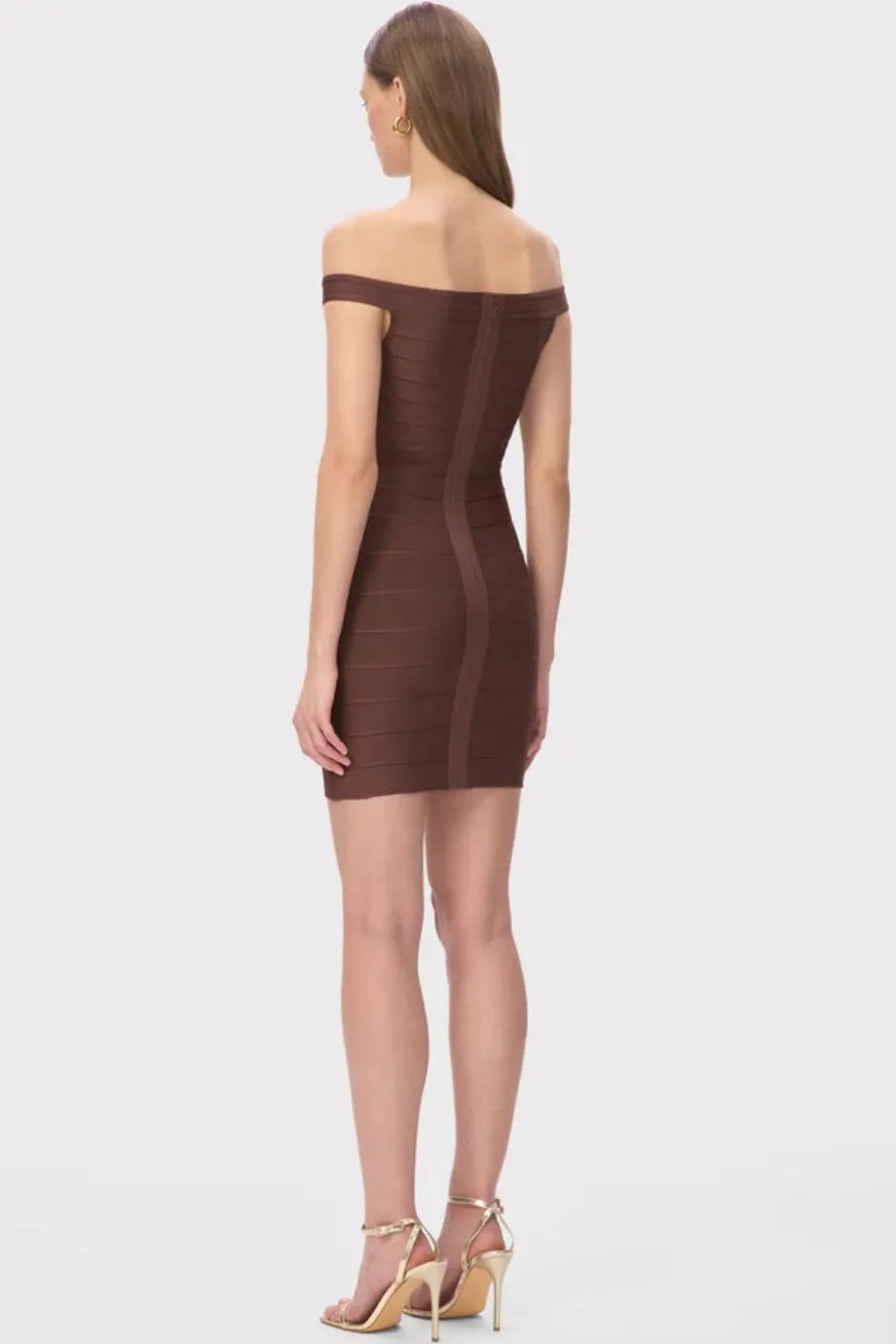 Rachel Off Shoulder Bandage Knit Mini Dress in Brown