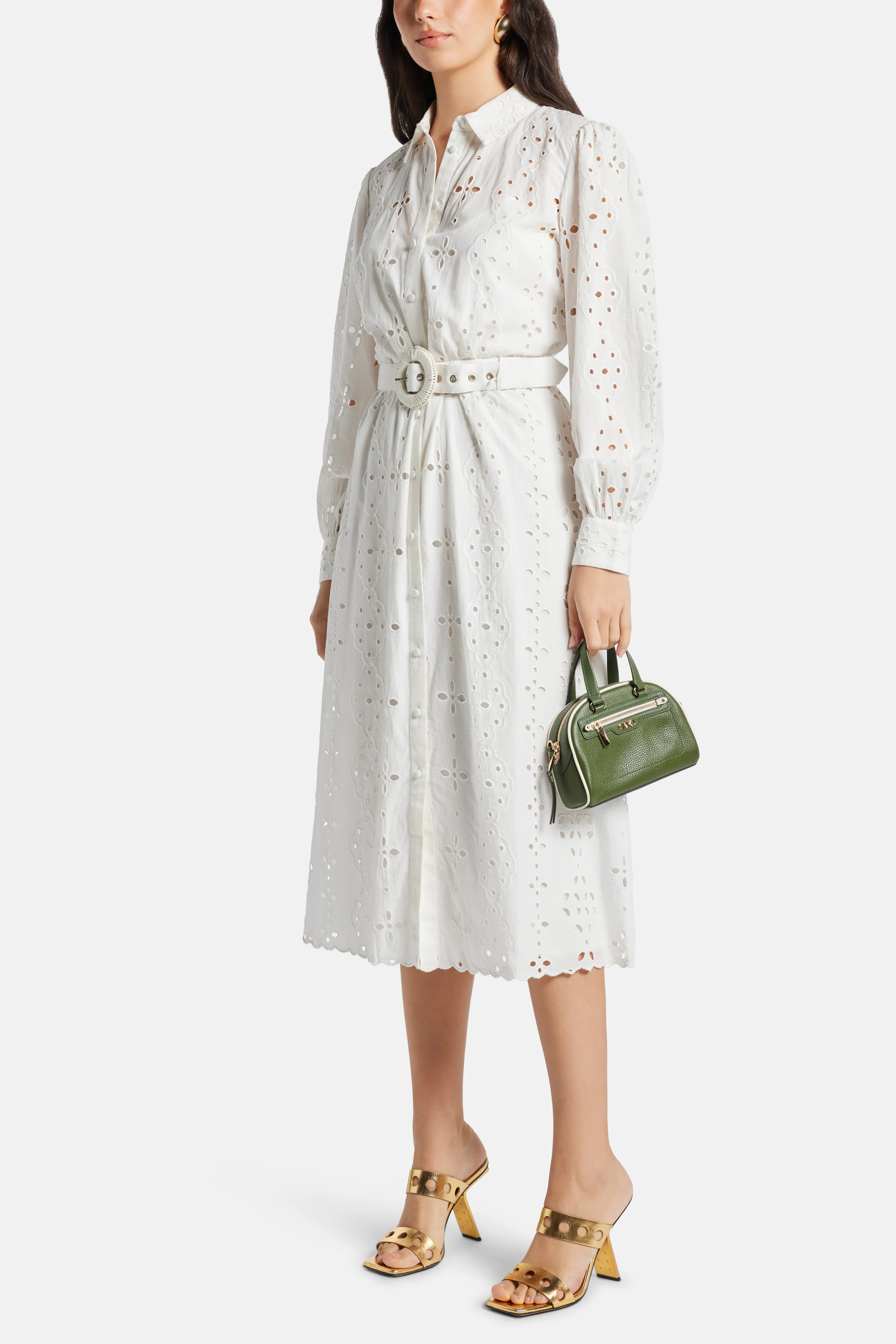 Adya Long Sleeves Belted Cotton Shirt Maxi Dress in White