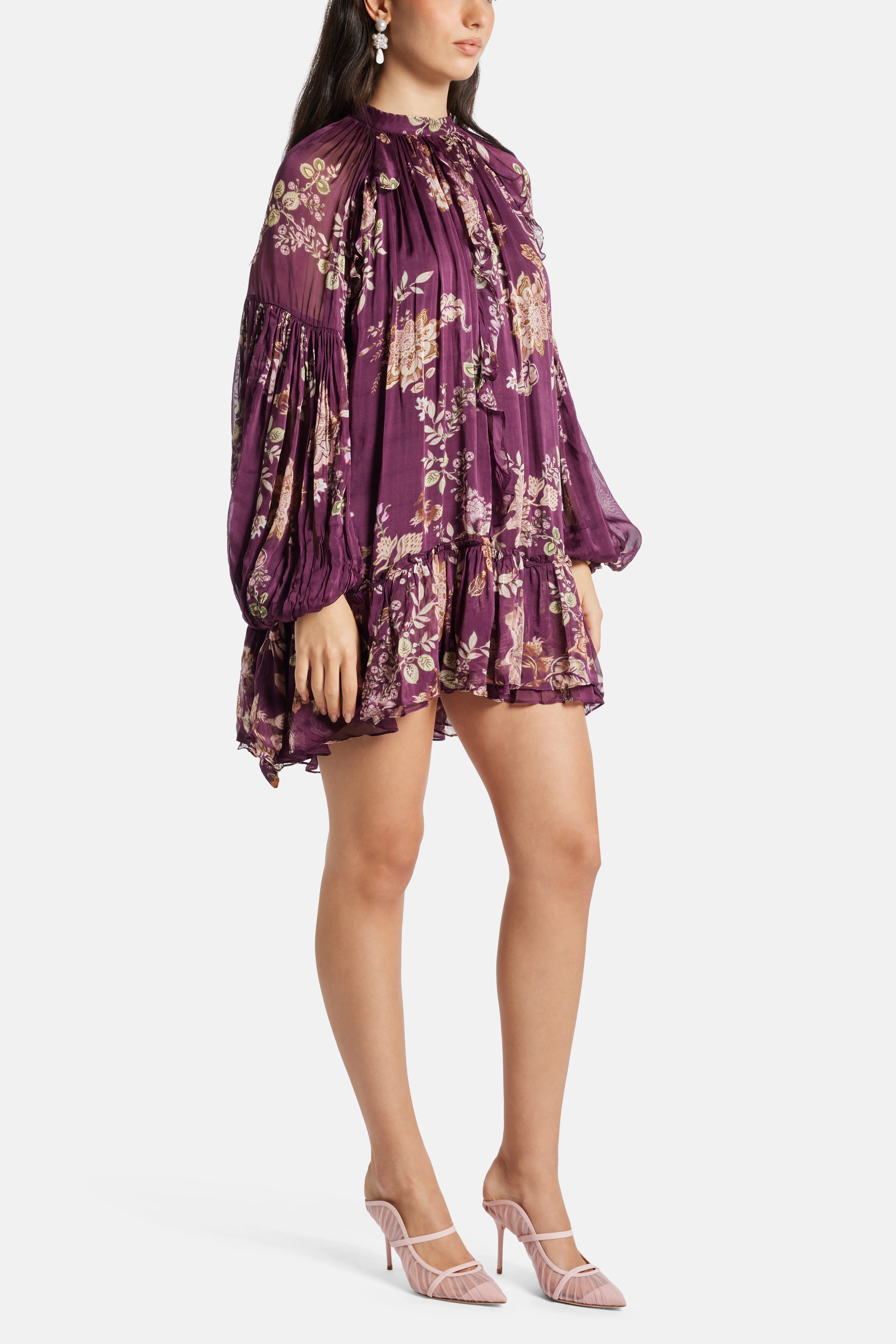 Savi Floral Long Sleeves Belted Mini Dress in Burgundy