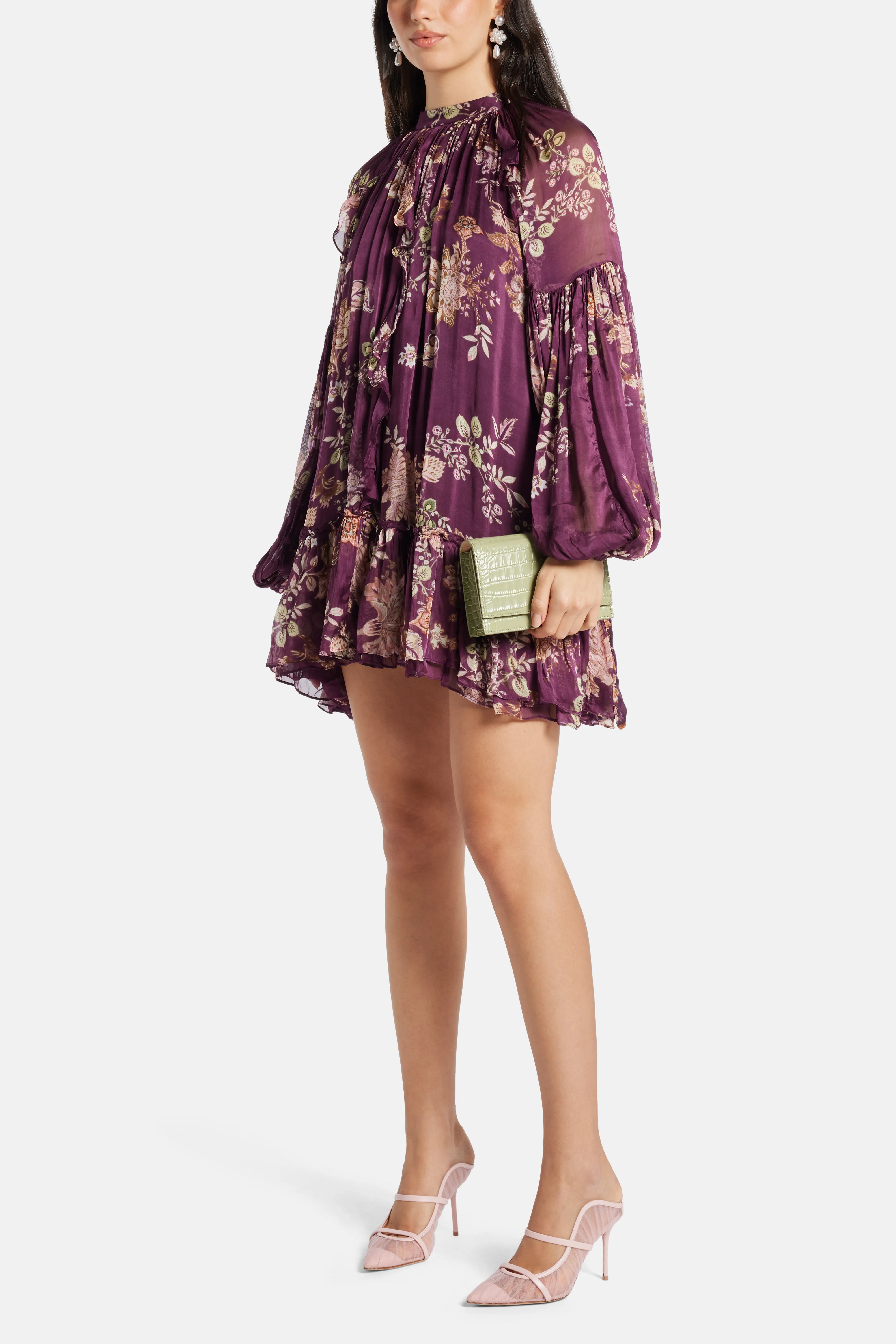 Savi Floral Long Sleeves Belted Mini Dress in Burgundy