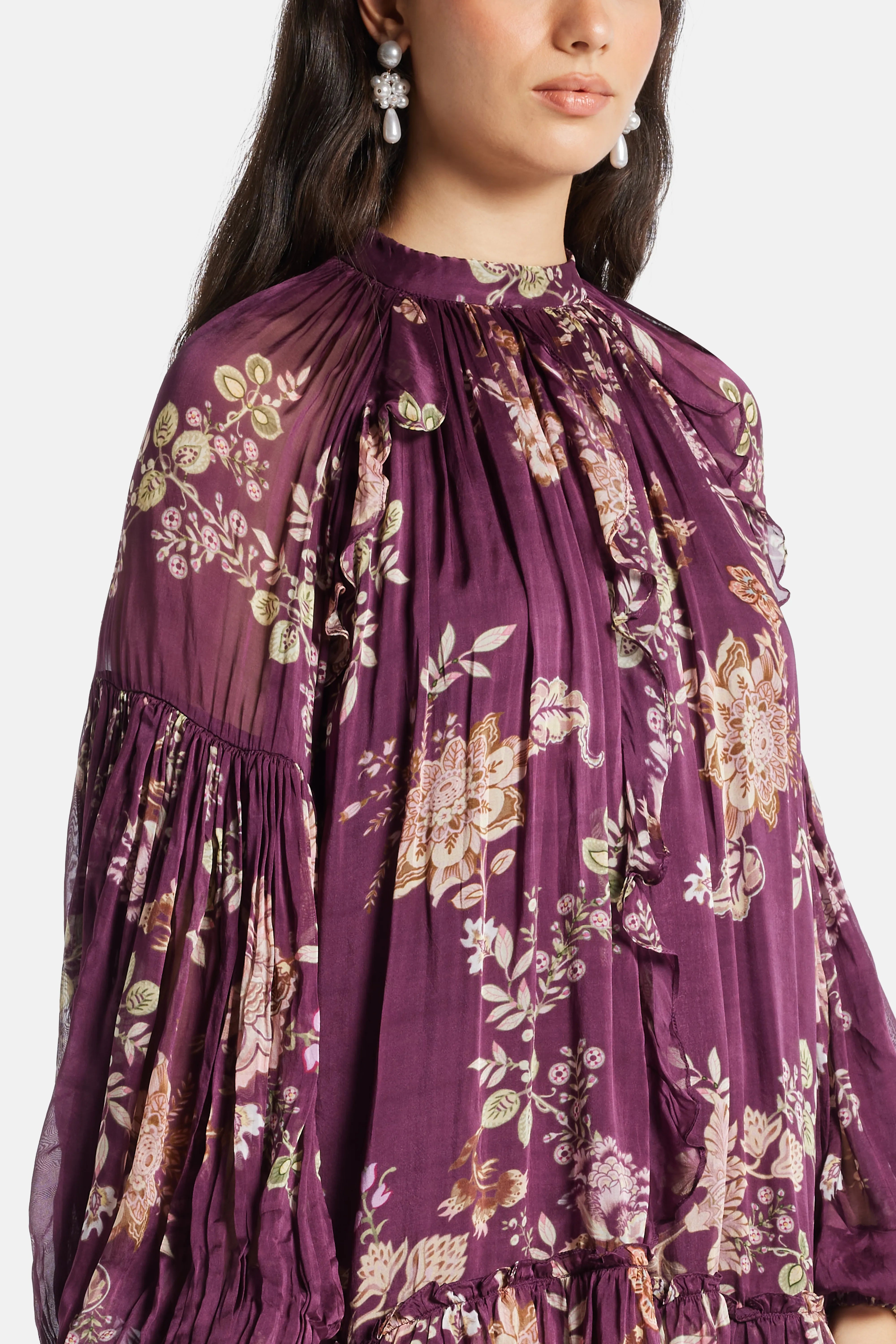 Savi Floral Long Sleeves Belted Mini Dress in Burgundy