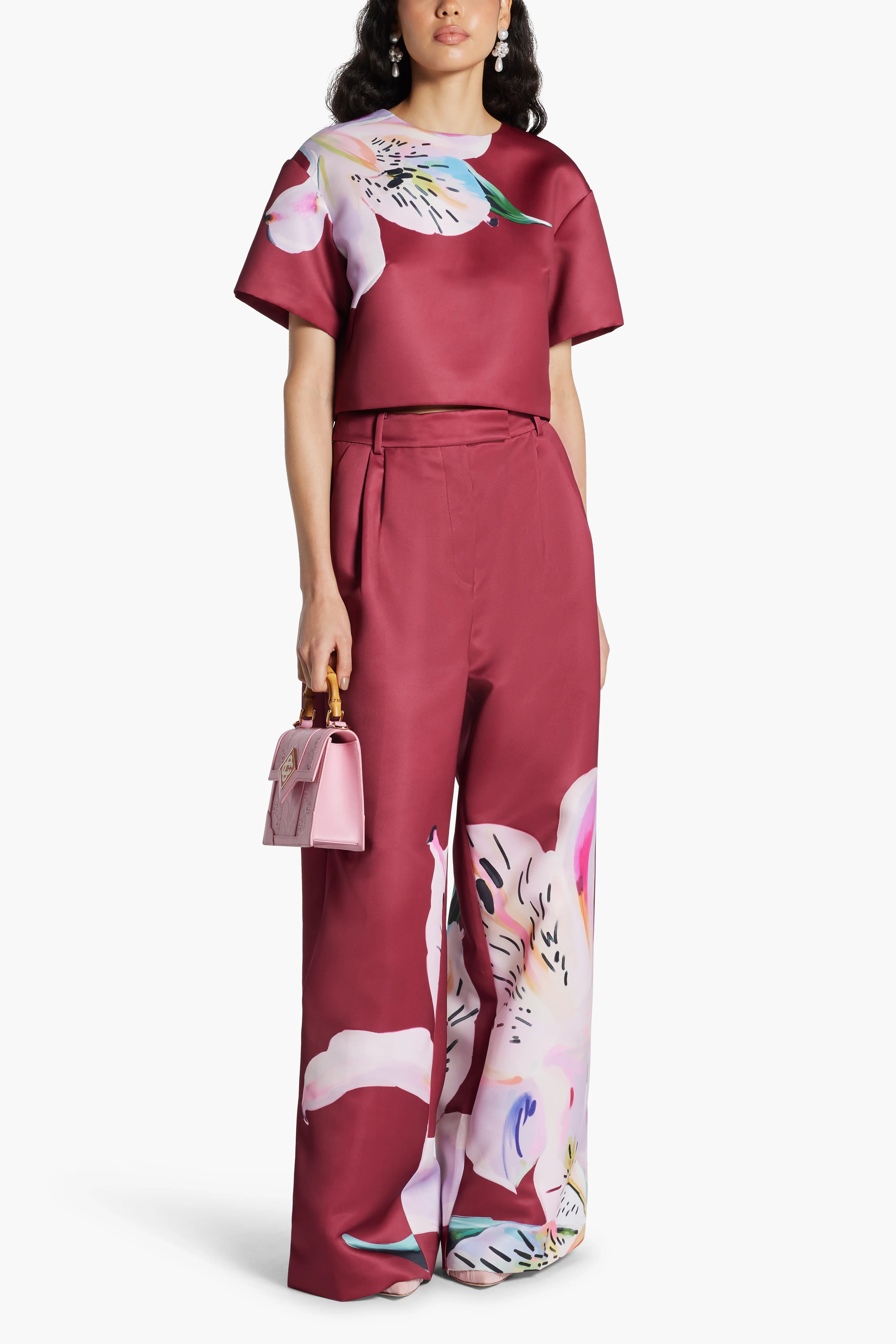 Elisha Floral Wide Leg Pants In Burgundy