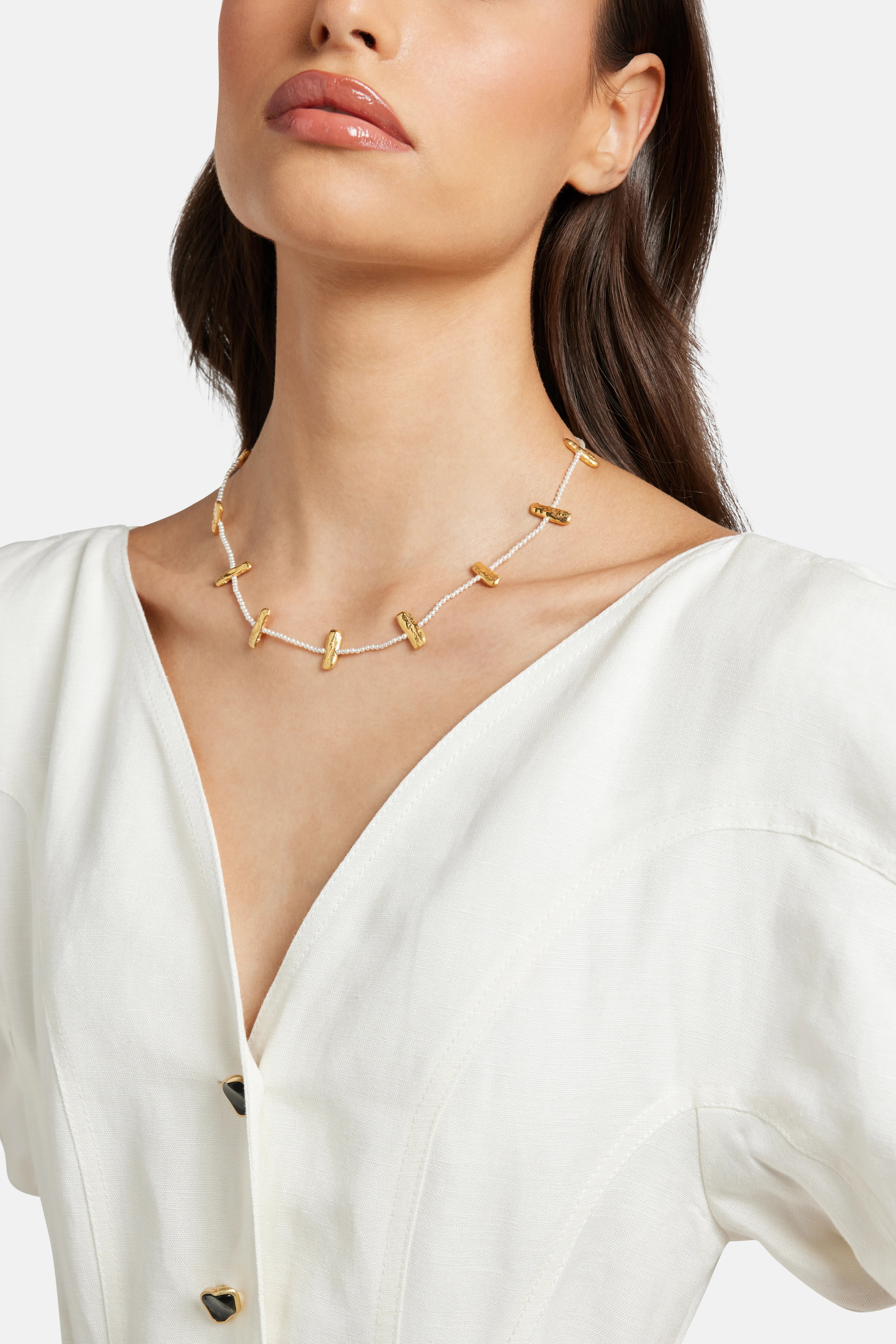 Multi Wave Necklace with Mini Pearls in Gold
