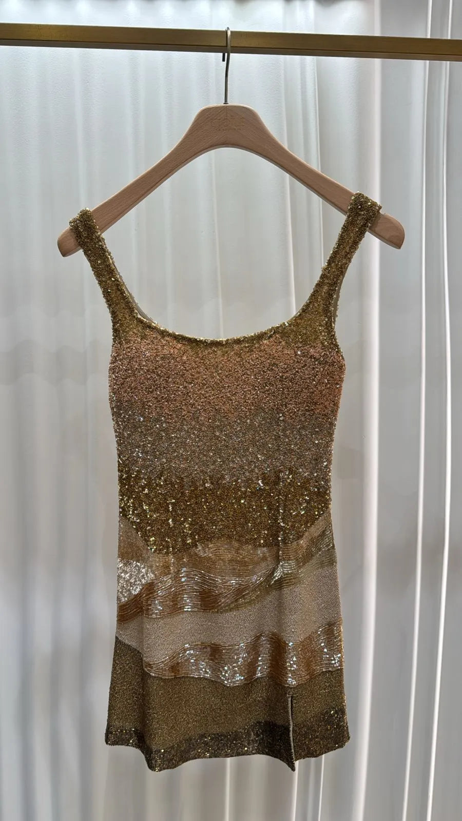Dubai Golden Dune With Beading Sleeveless Sequins Mini Dress in Gold