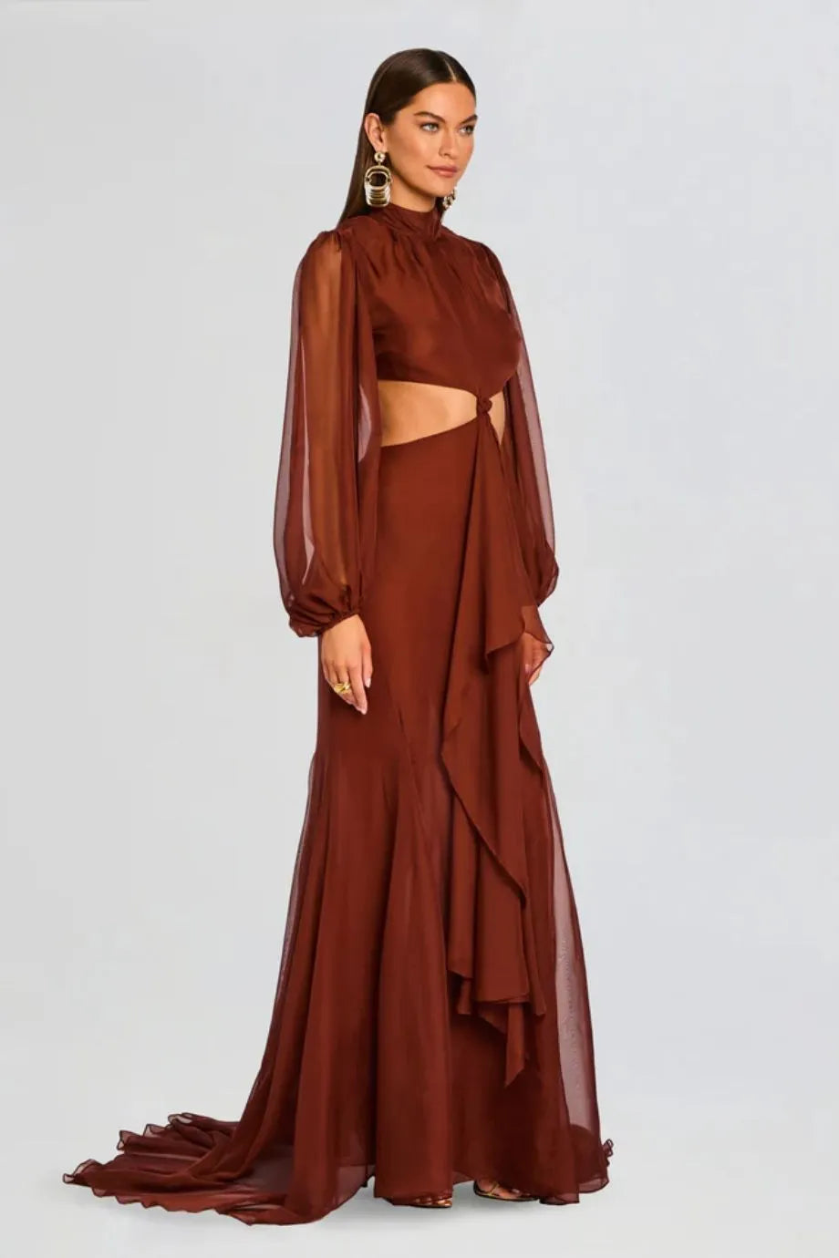 Rosalinda Chiffon Cut Out Maxi Dress in Brown