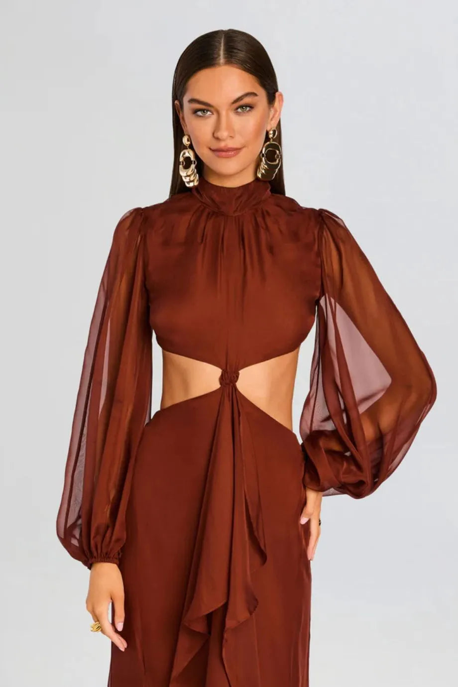 Rosalinda Chiffon Cut Out Maxi Dress in Brown