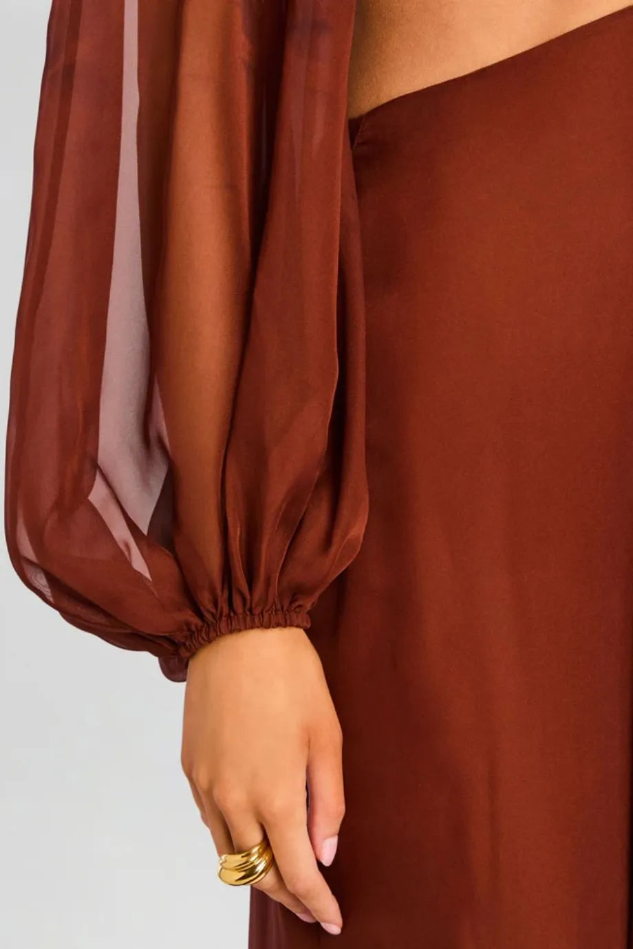 Rosalinda Chiffon Cut Out Maxi Dress in Brown
