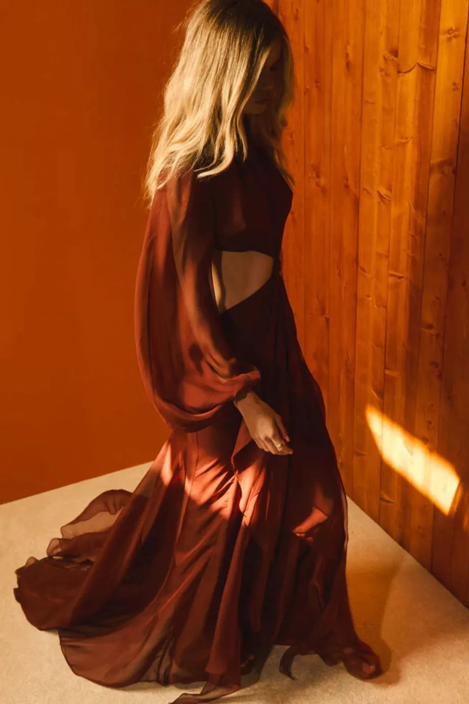 Rosalinda Chiffon Cut Out Maxi Dress in Brown