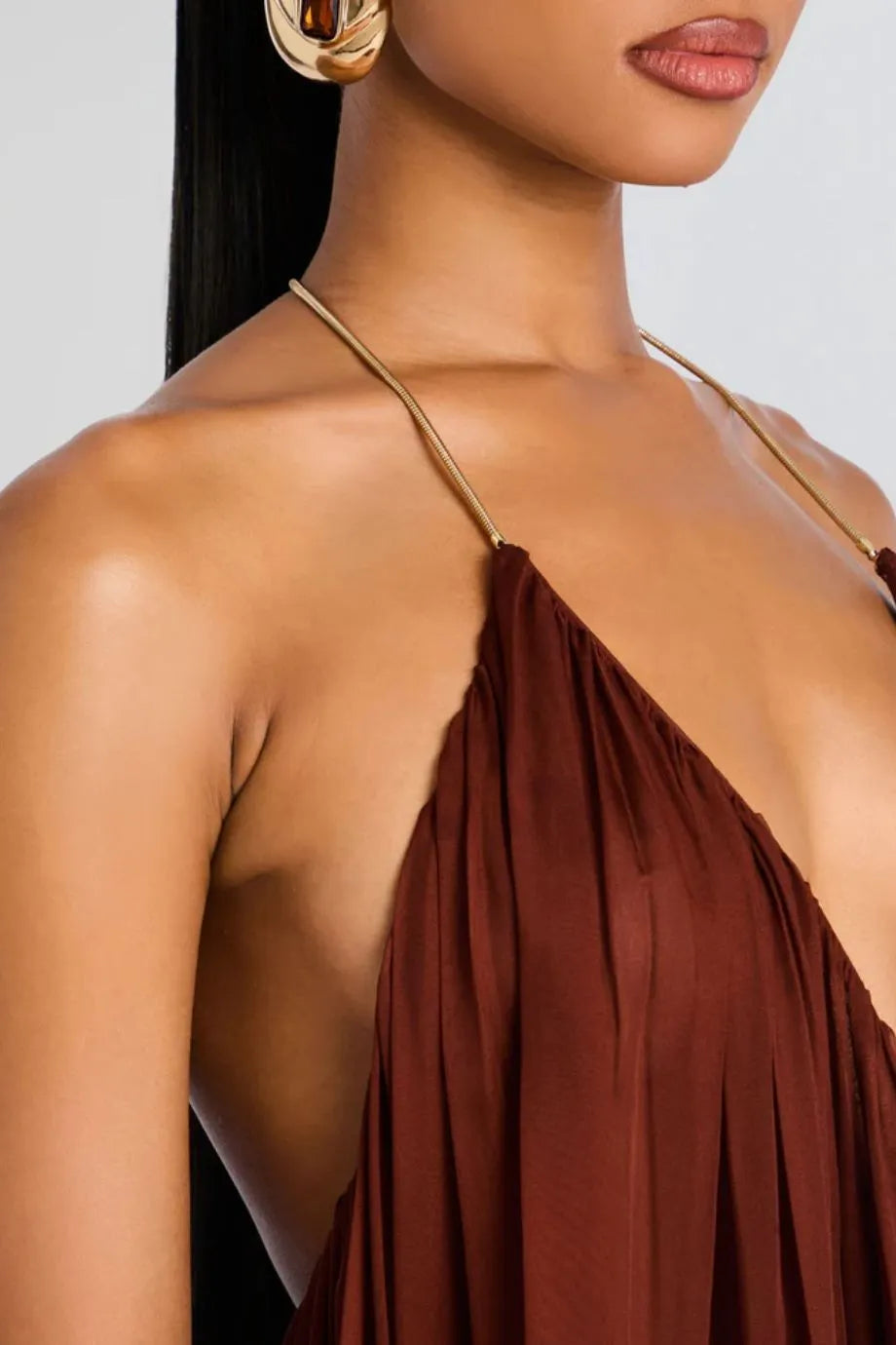 Arlet V Neck Chiffon Maxi Dress in Brown