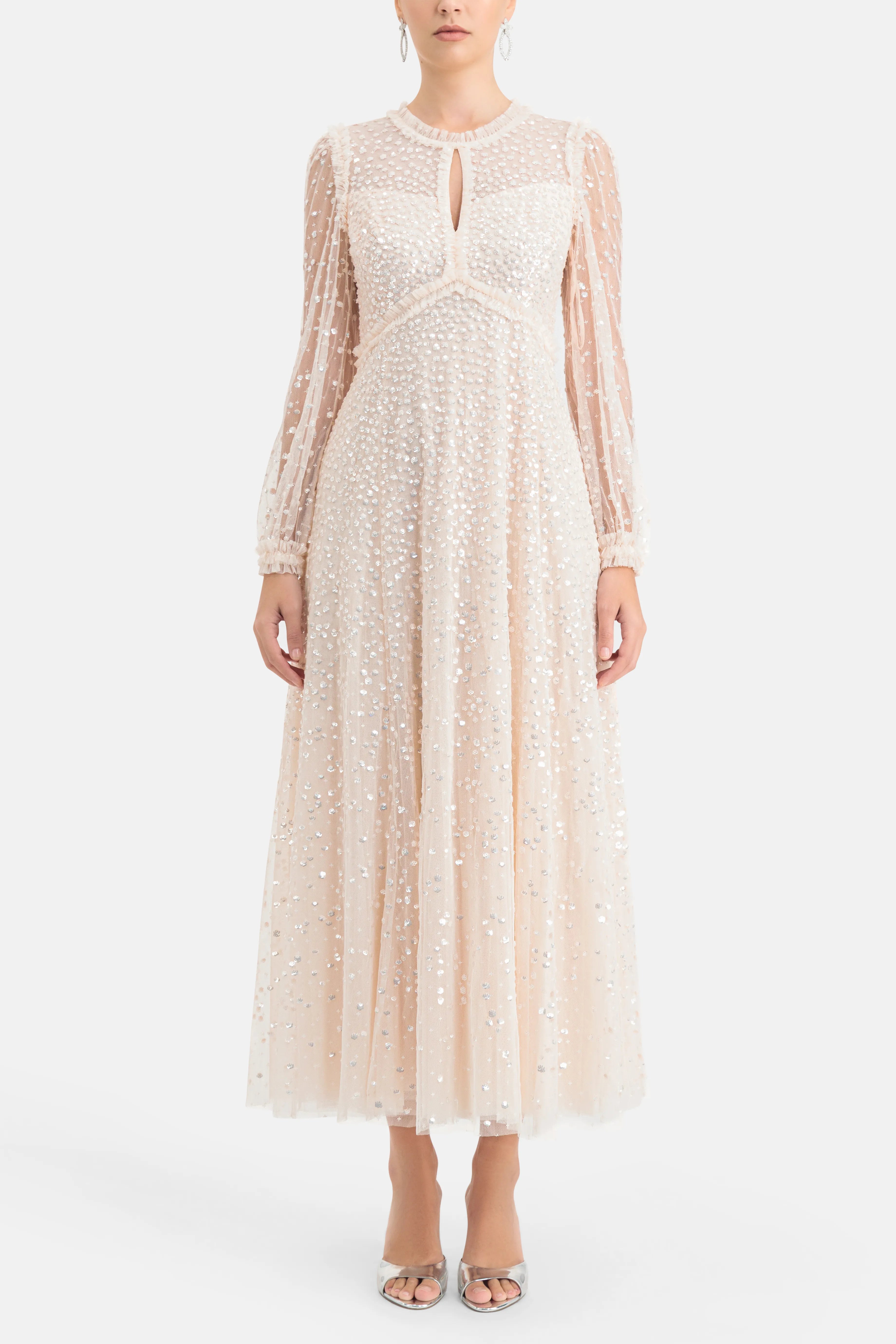 Dappled Sequin Round Neck Long Sleeves Evening Dress in Cream