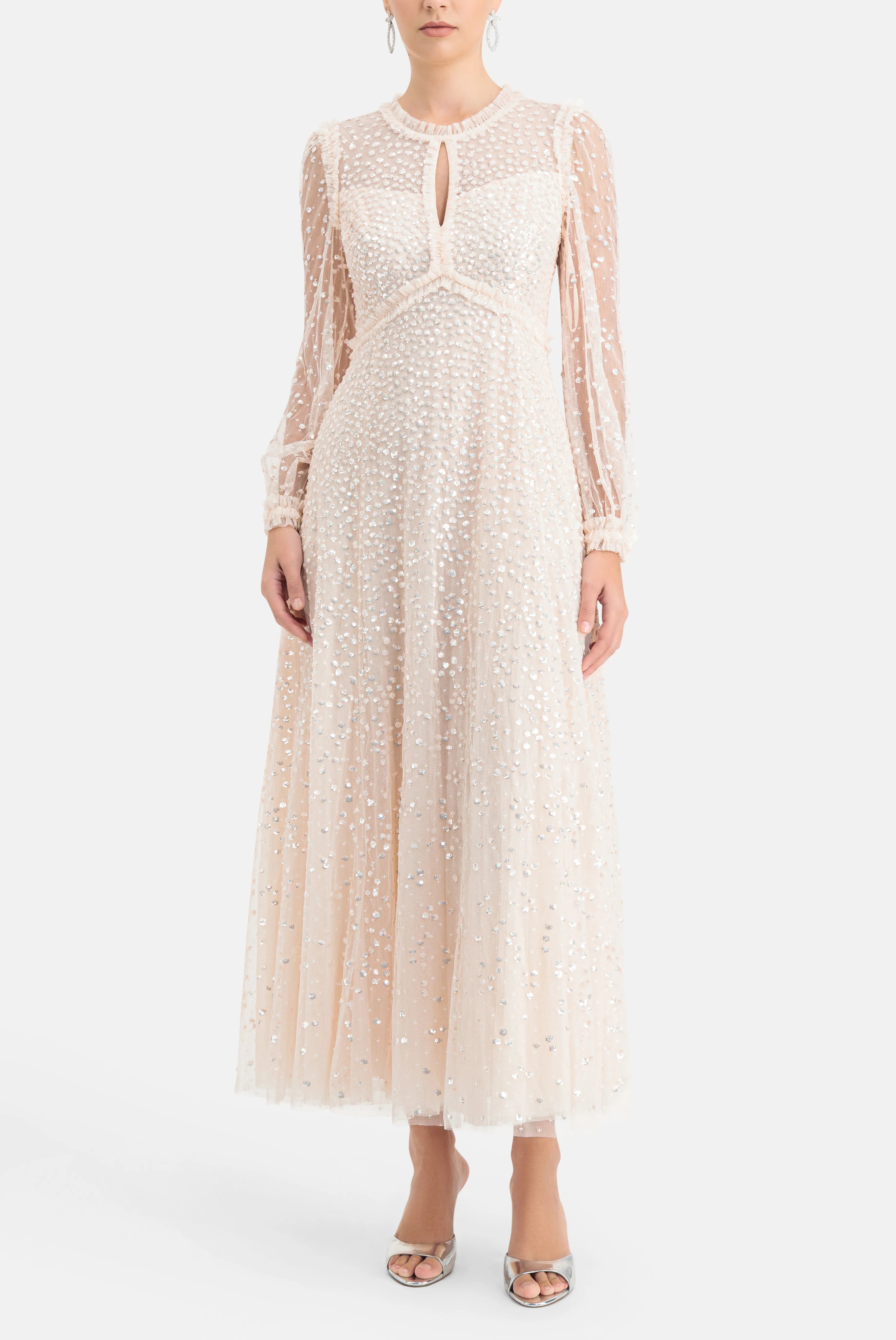 Dappled Sequin Round Neck Long Sleeves Evening Dress in Cream