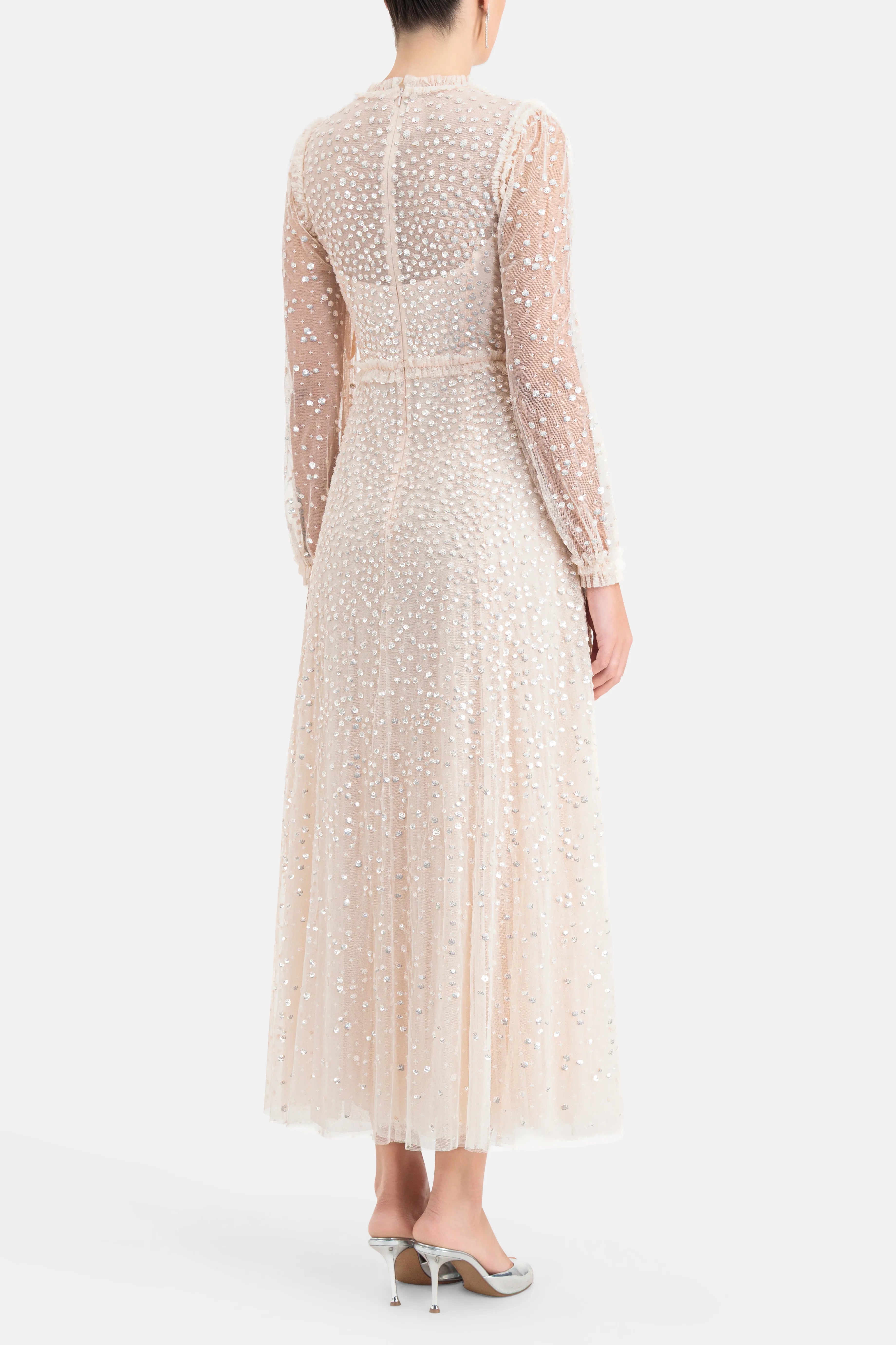 Dappled Sequin Round Neck Long Sleeves Evening Dress in Cream