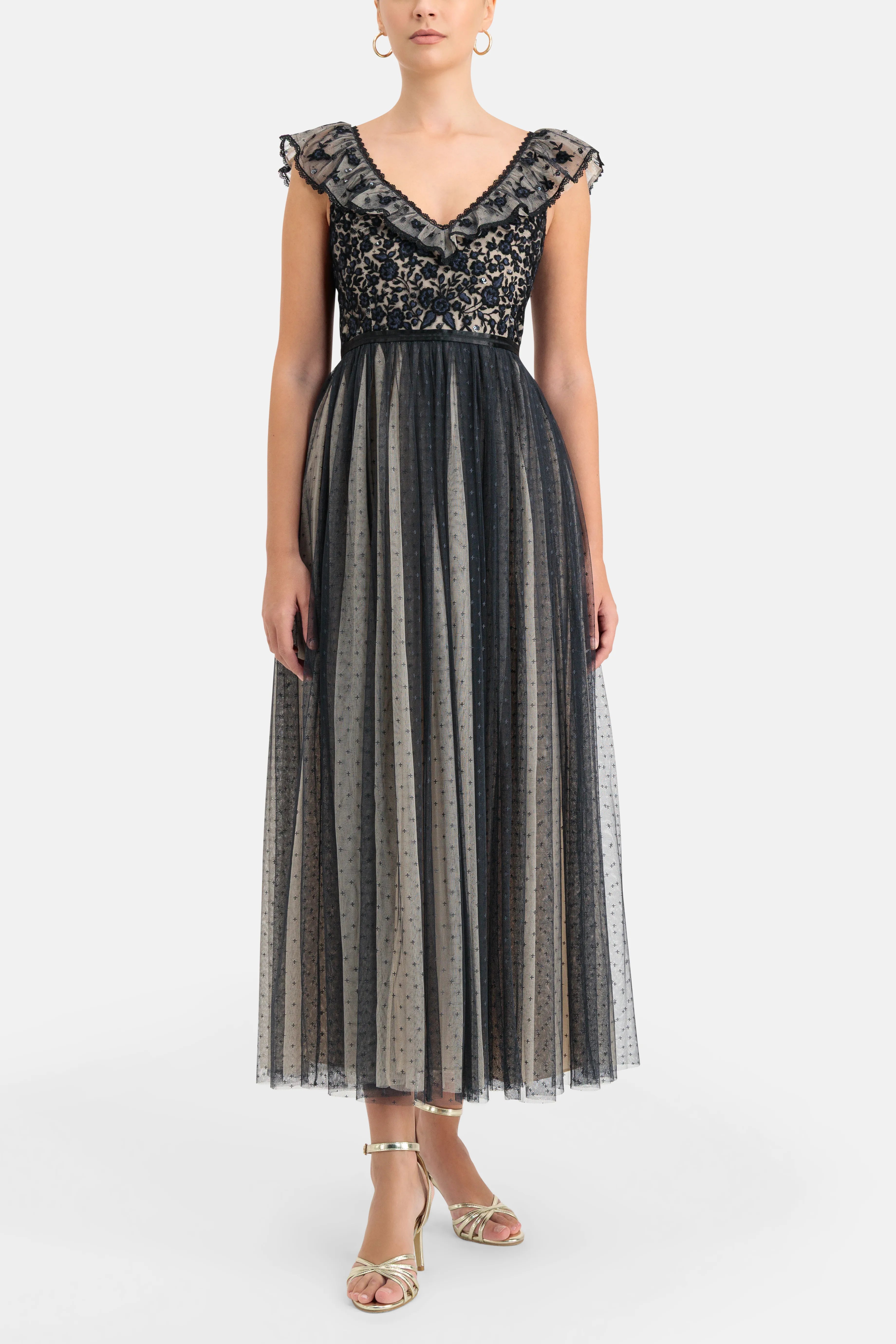 Adeline Bodice V Neck Evening Dress in Black