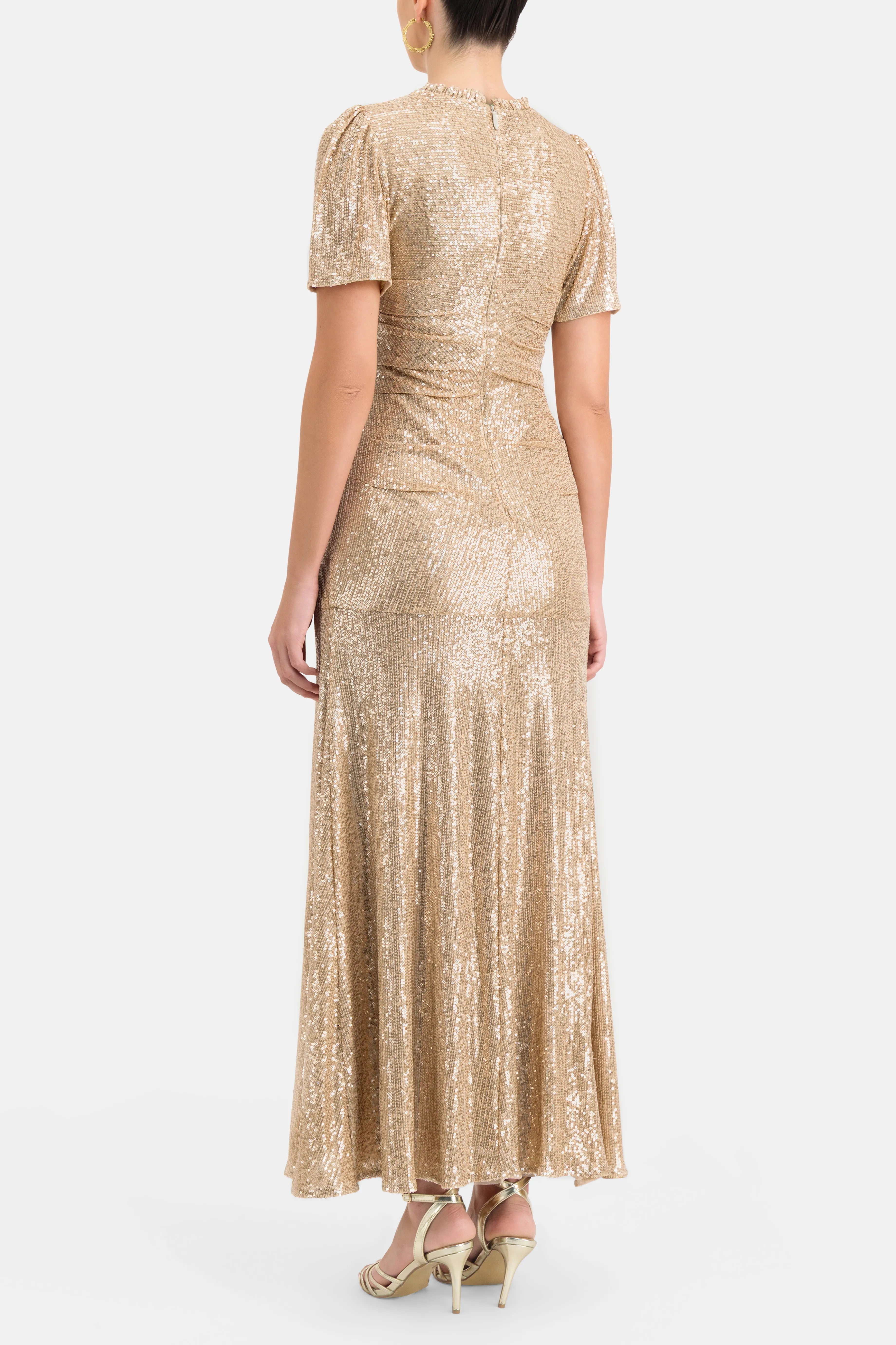 Valentina Sequin Round Neck Short Sleeves Evening Dress in Beige