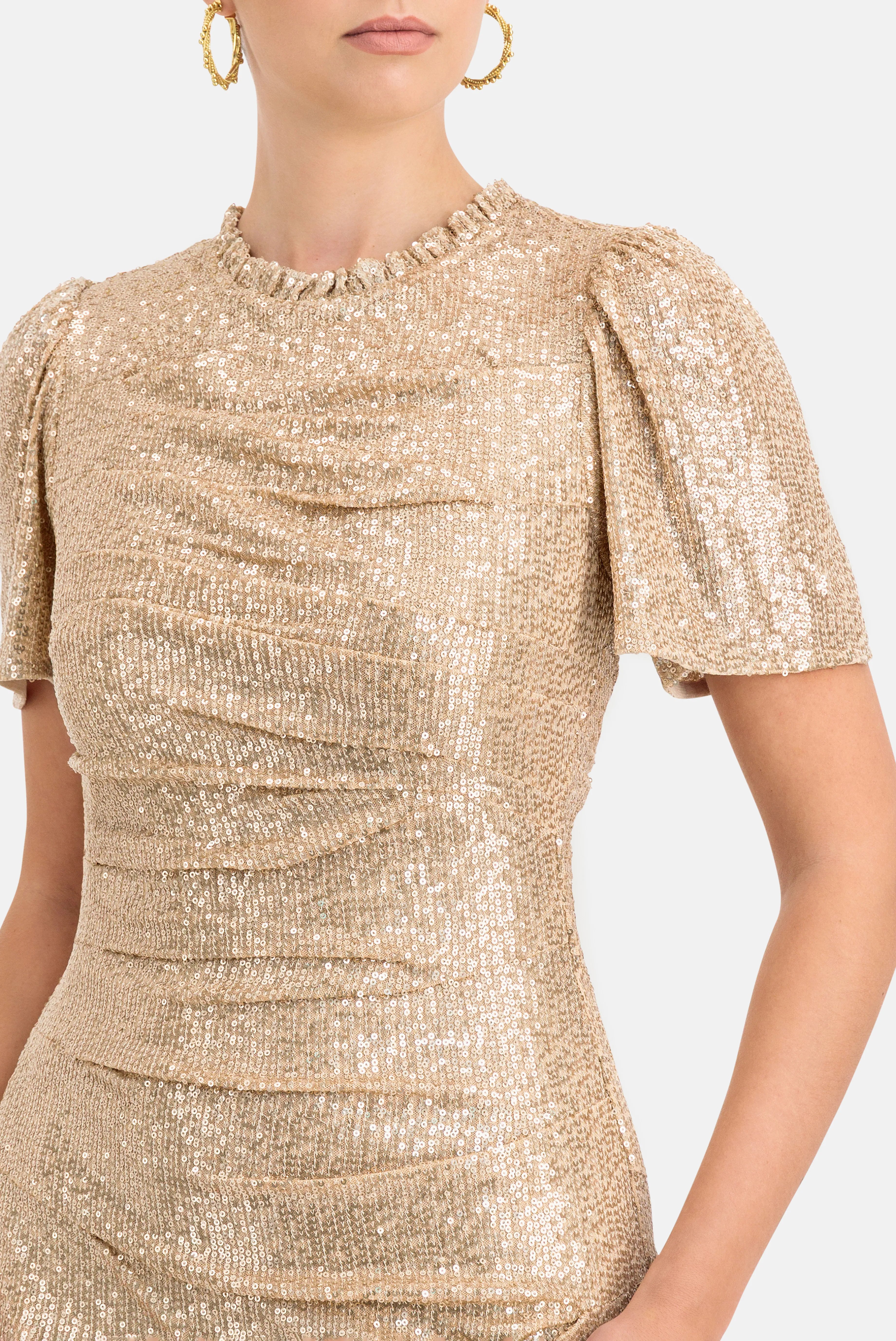 Valentina Sequin Round Neck Short Sleeves Evening Dress in Beige