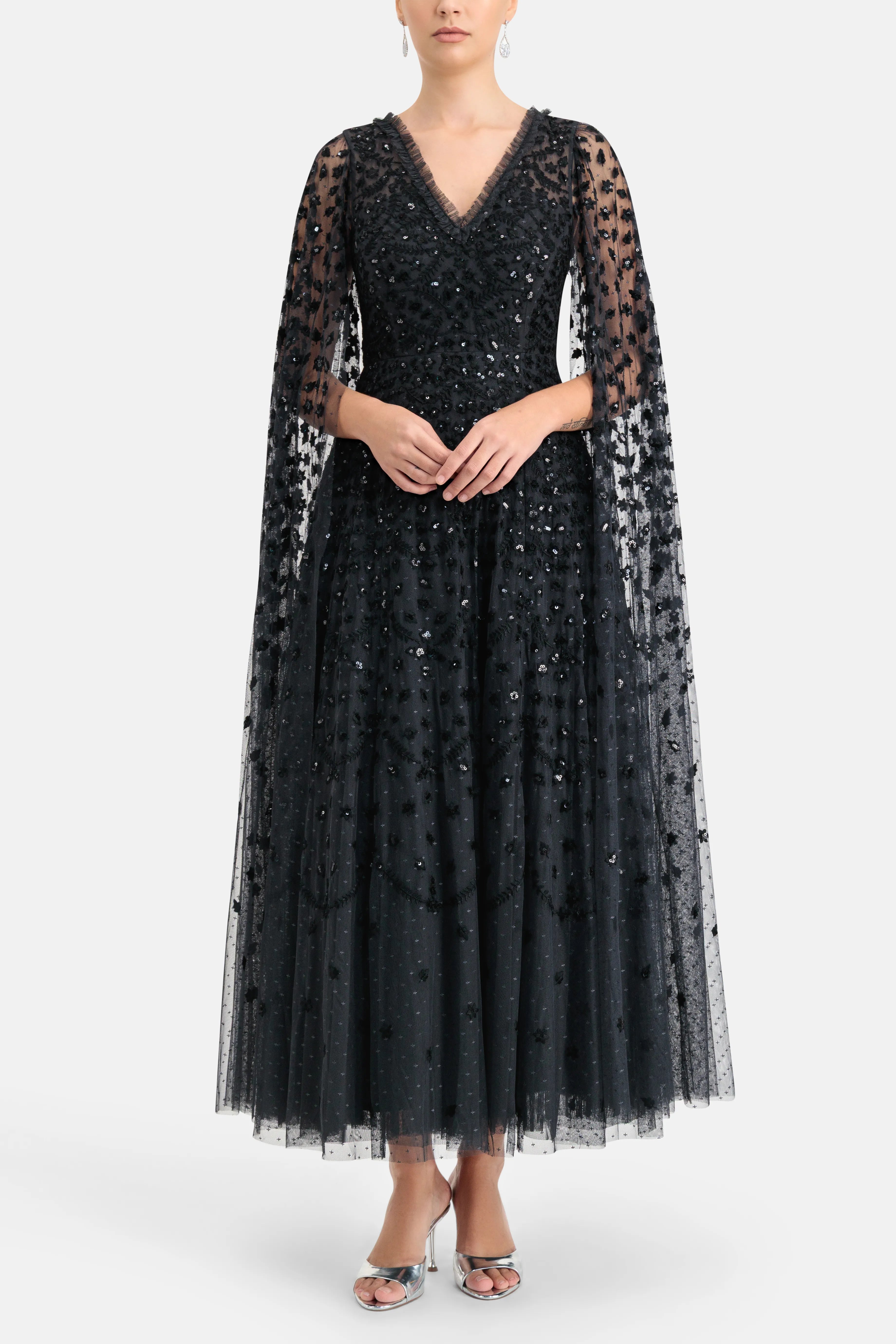 Clover Cape Sleeve V Neck Evening Dress in Black
