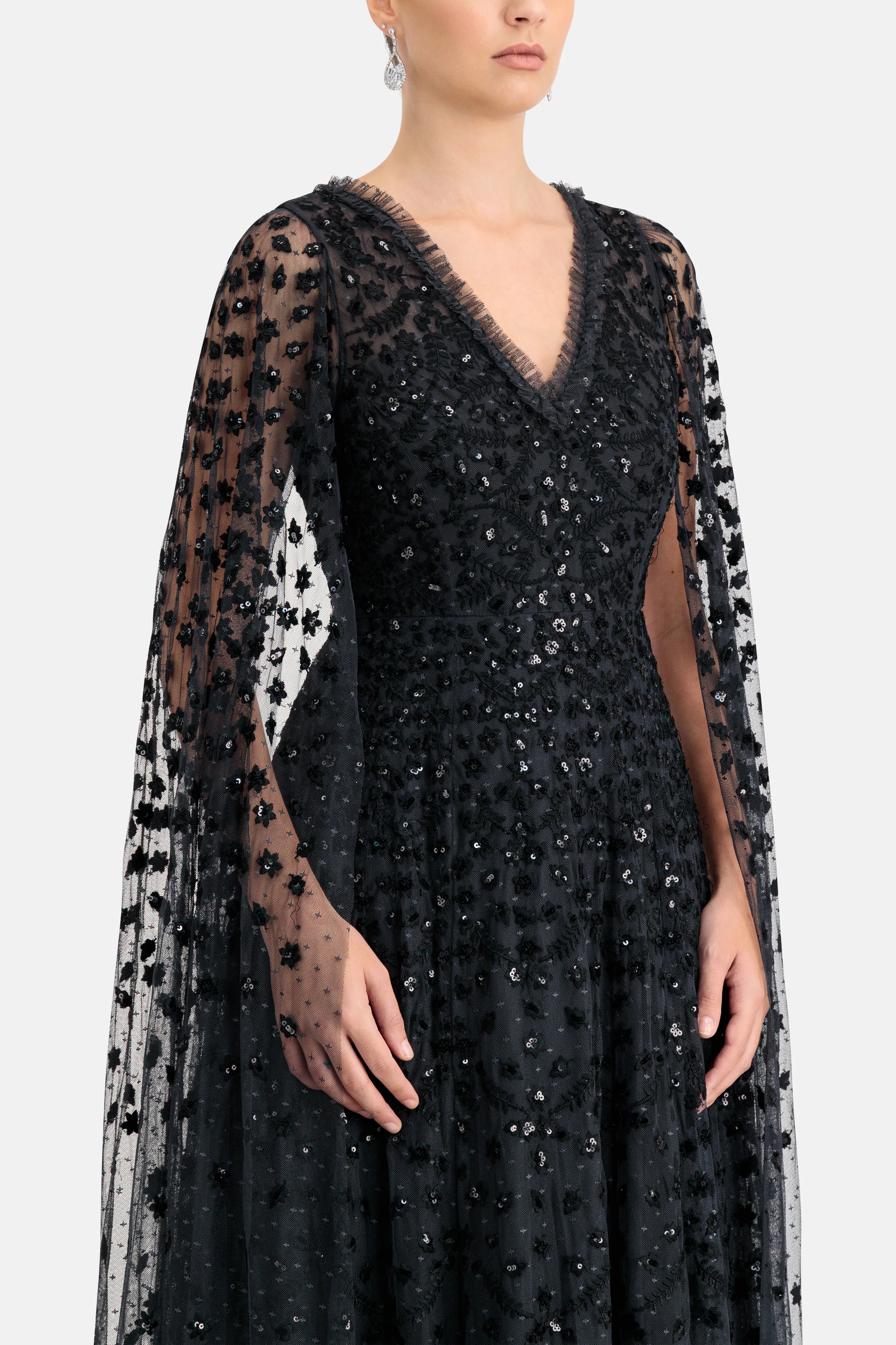 Clover Cape Sleeve V Neck Evening Dress in Black