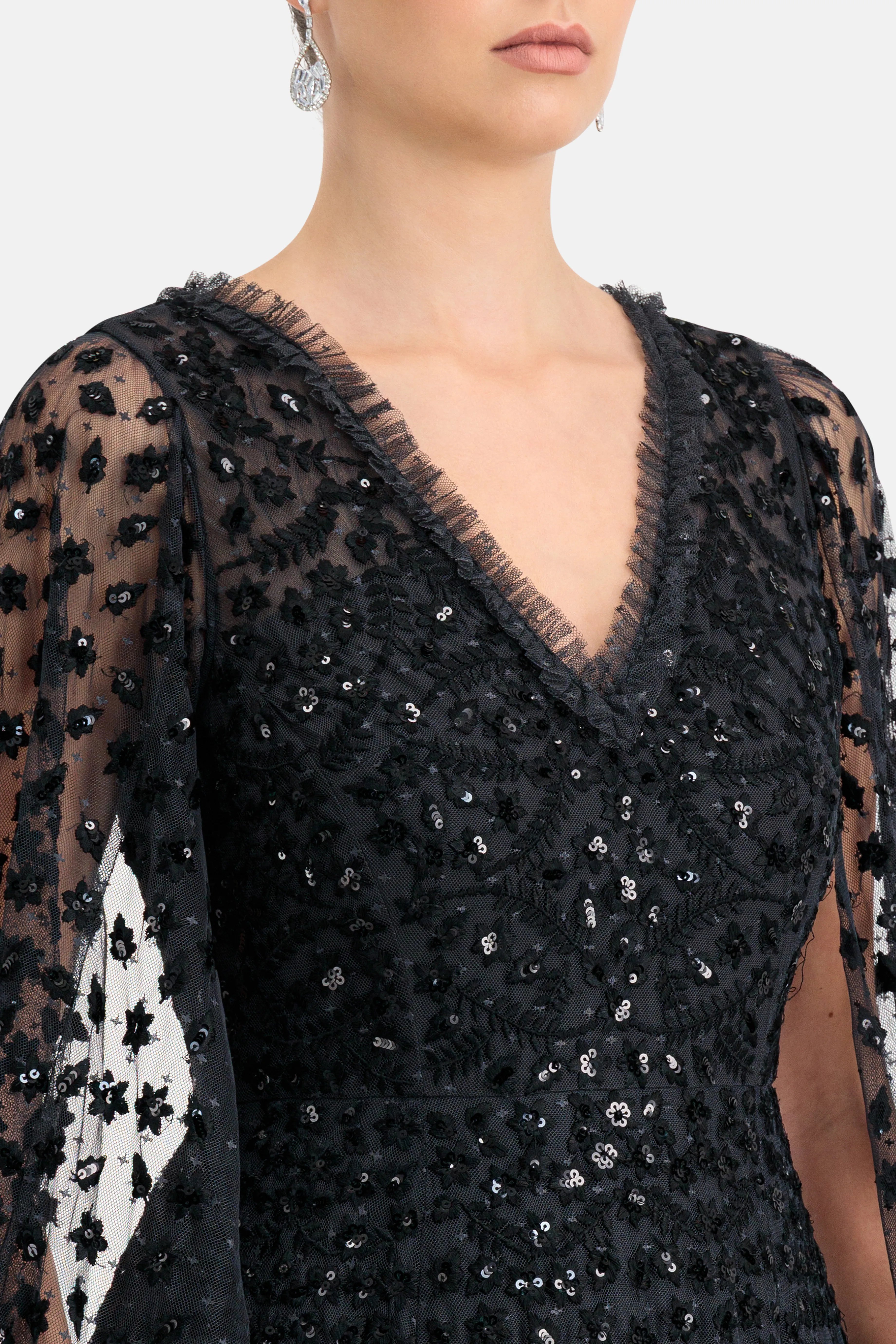 Clover Cape Sleeve V Neck Evening Dress in Black