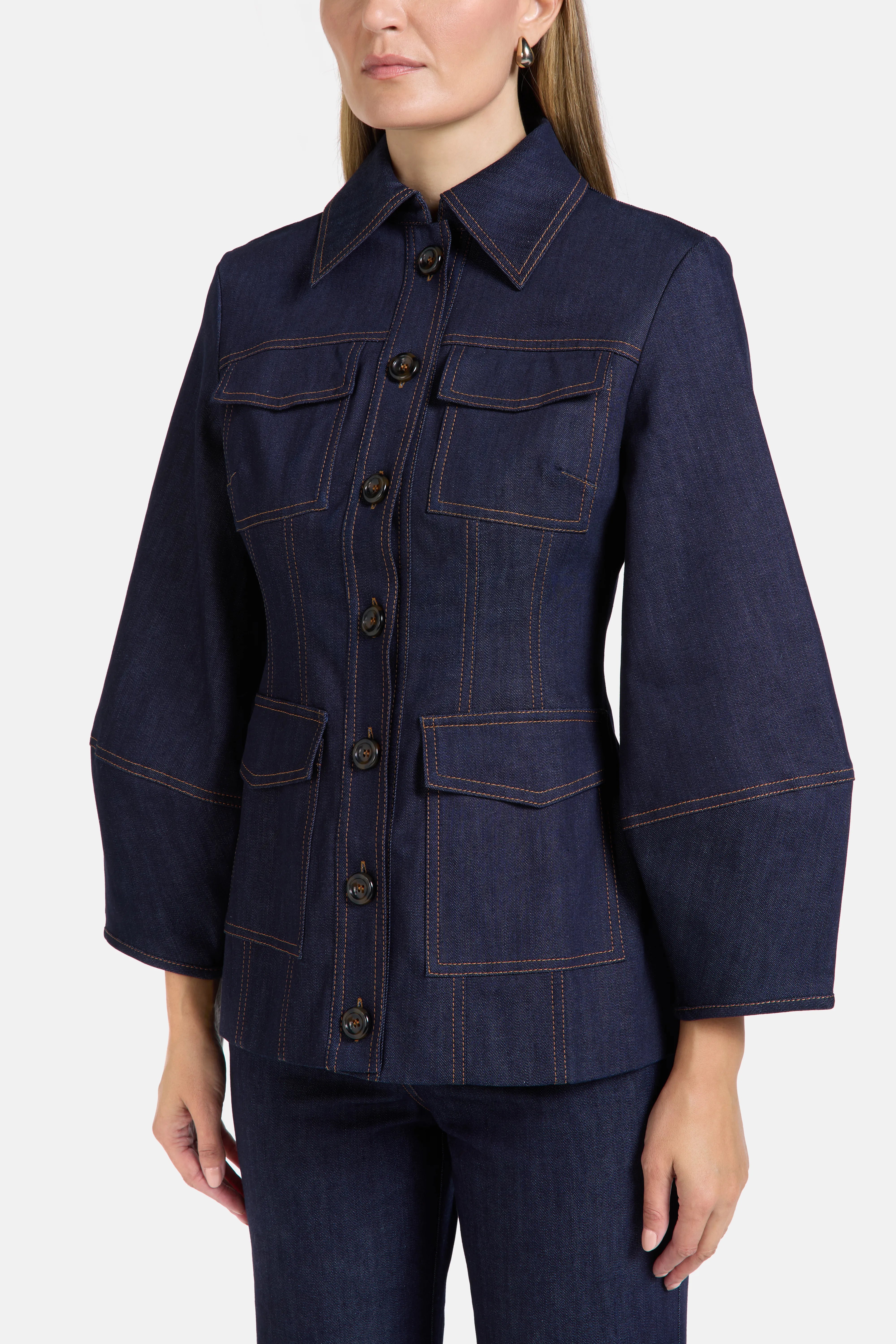 Florence Puff Sleeves Denim Cotton Jacket in Blue