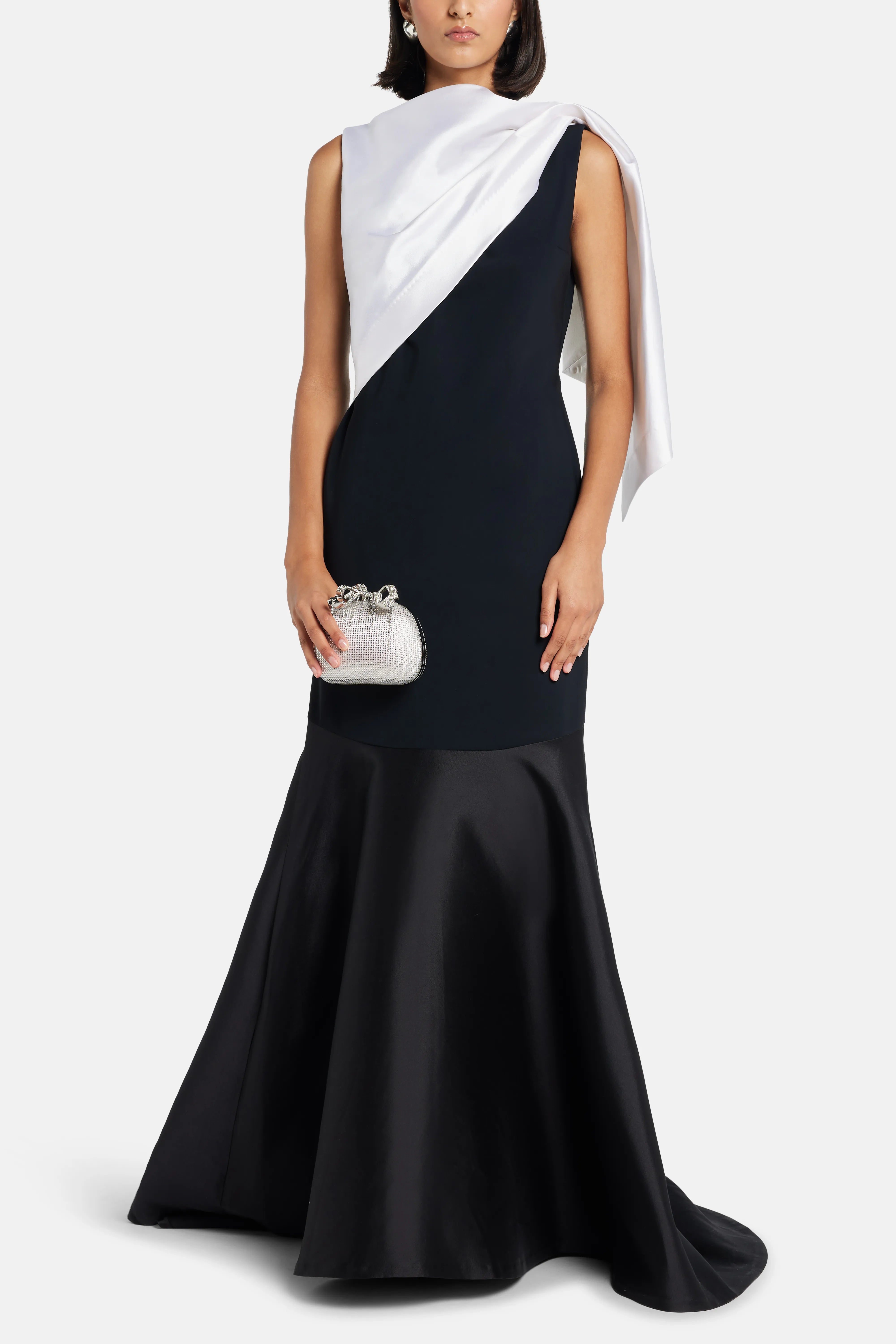 Draped Neckline Sleeveless Evening Gown in Black and White with Contrast Flounce