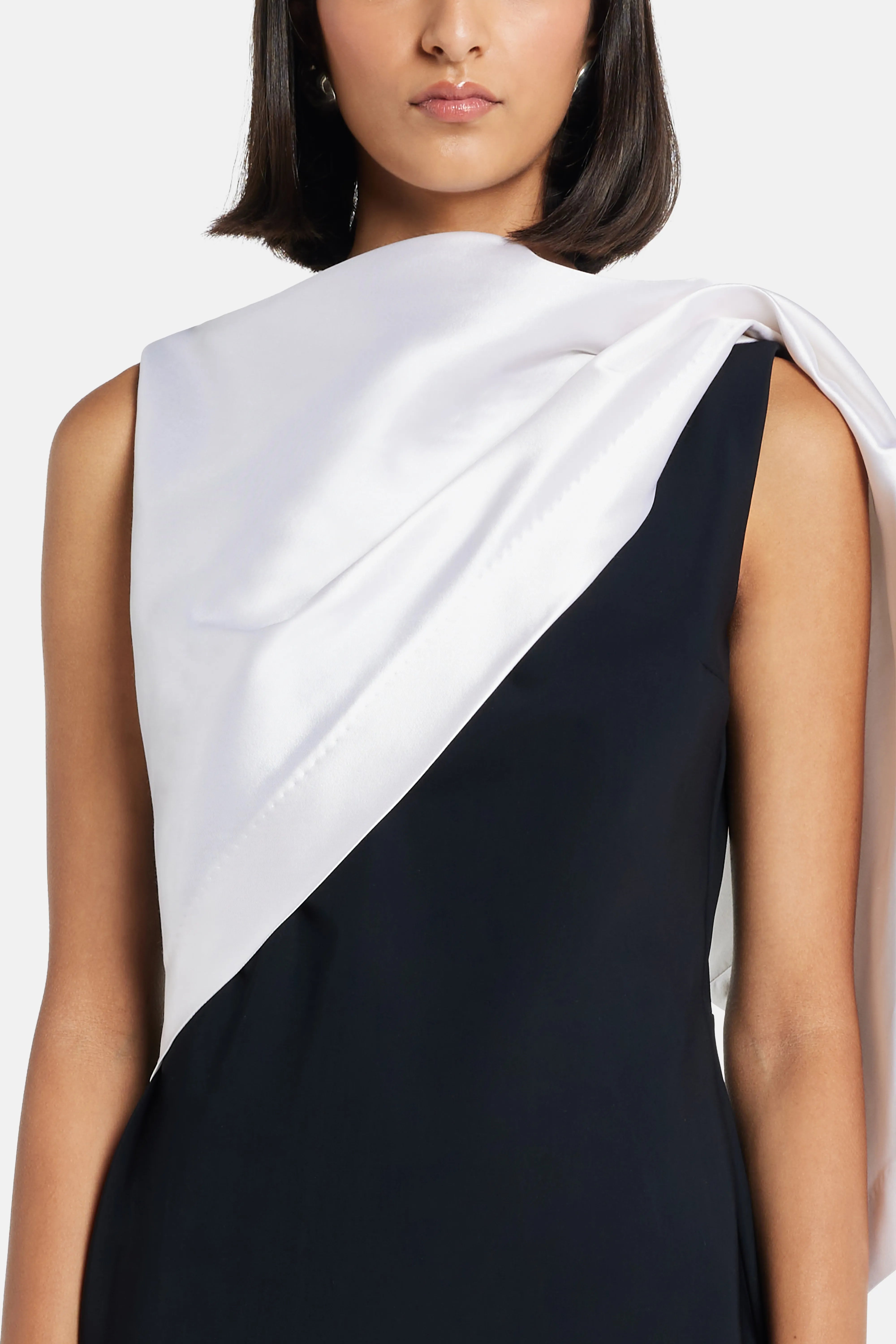 Draped Neckline Sleeveless Evening Gown in Black and White with Contrast Flounce