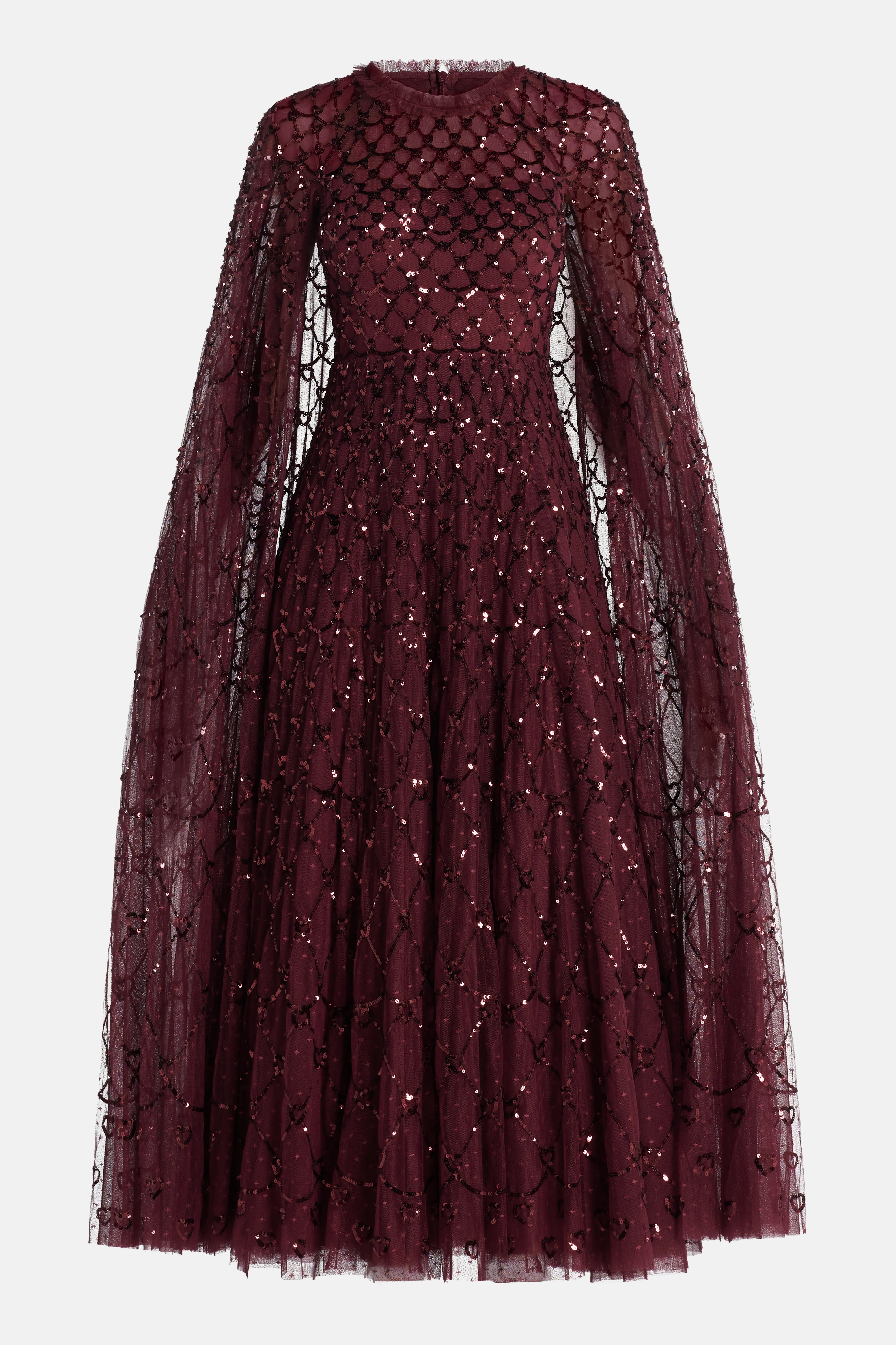 Heart Lattice Sequin Cape Evening Dress in Maroon