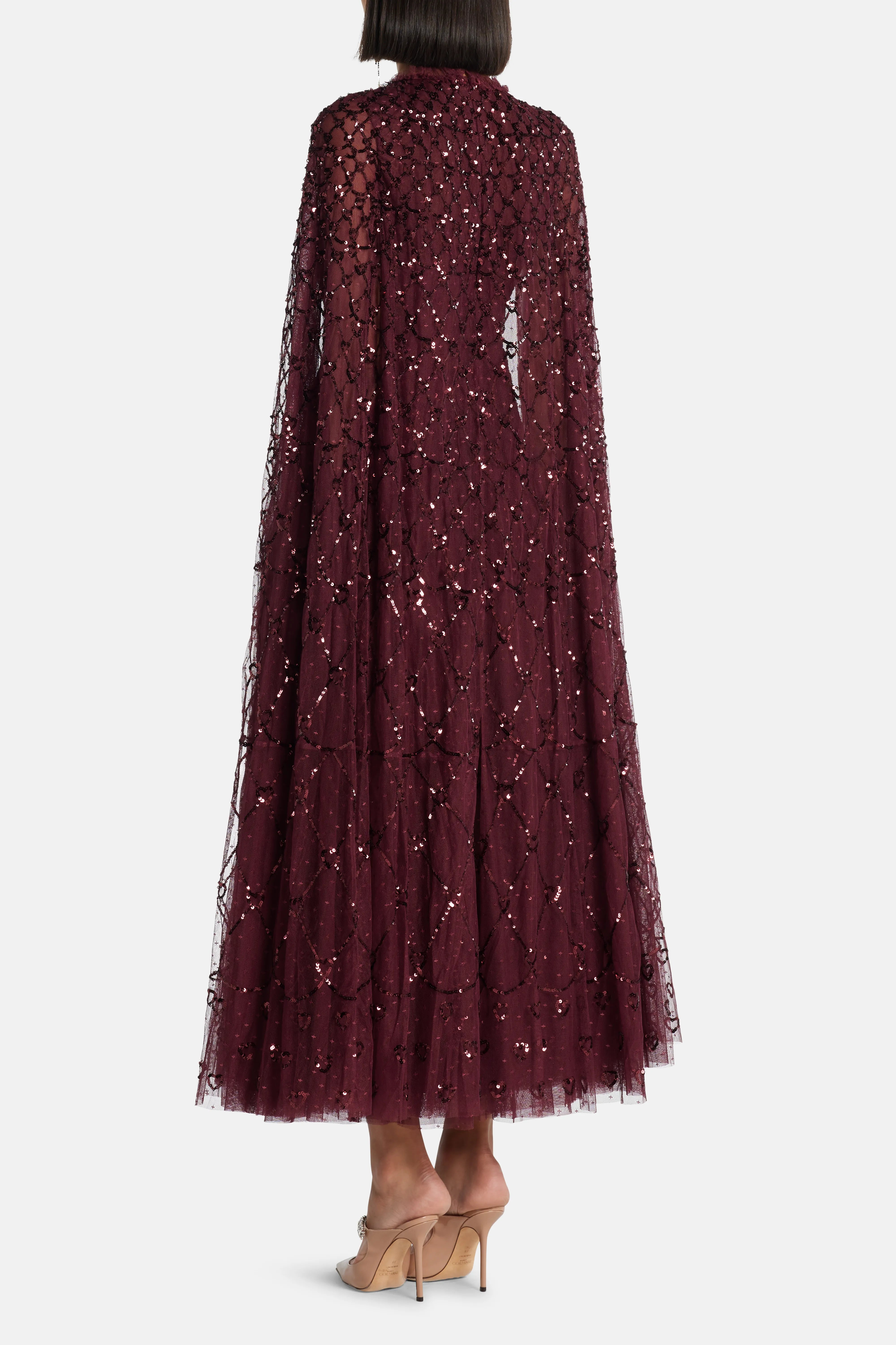 Heart Lattice Sequin Cape Evening Dress in Maroon